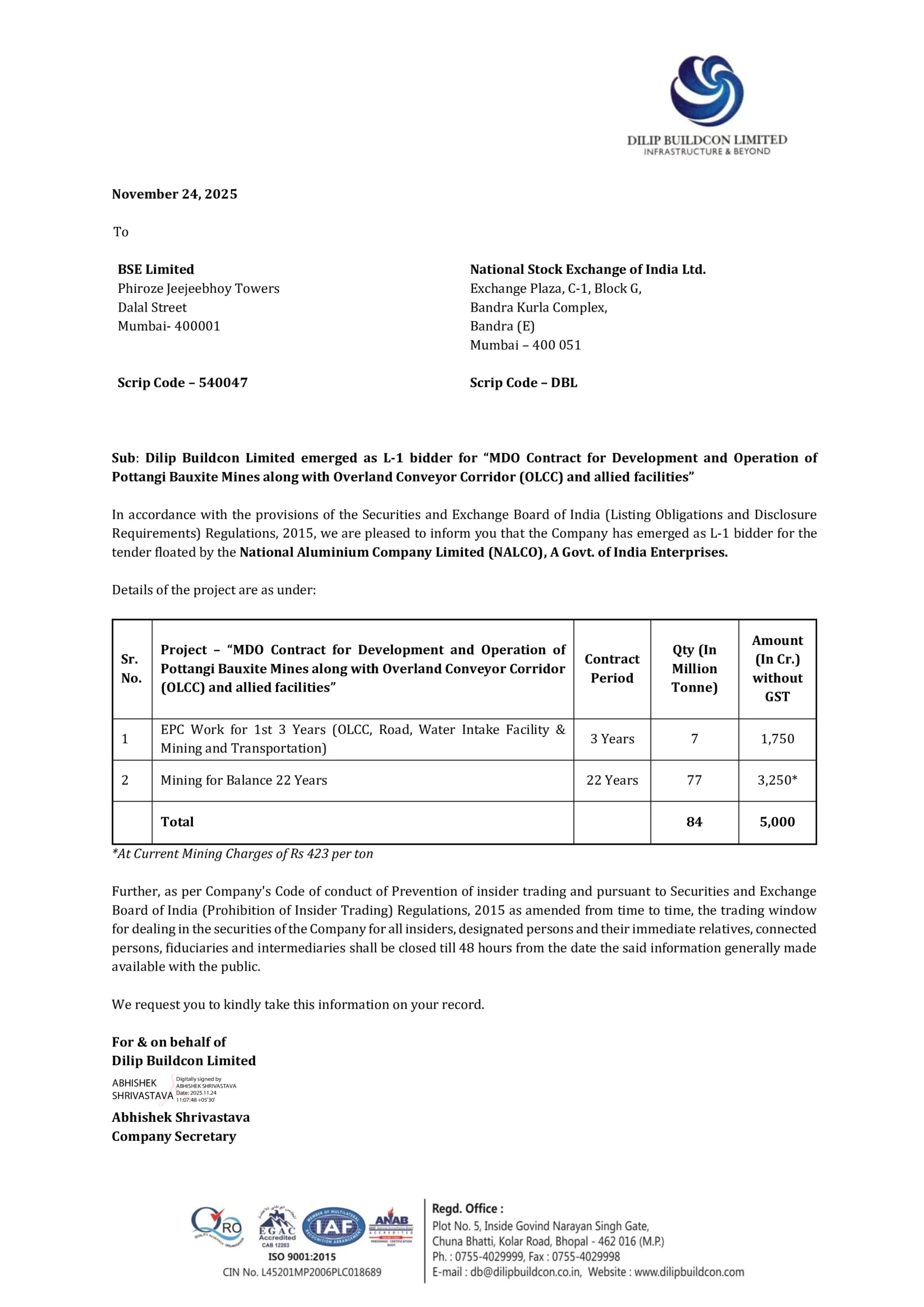 Dilip Buildcon Bags Prestigious Rs. 5,000 Crore NALCO Bauxite Mining Contract - https://nsearchives.nseindia.com/corporate/DBL_24112025111742_Announcement_L1.pdf Page 1