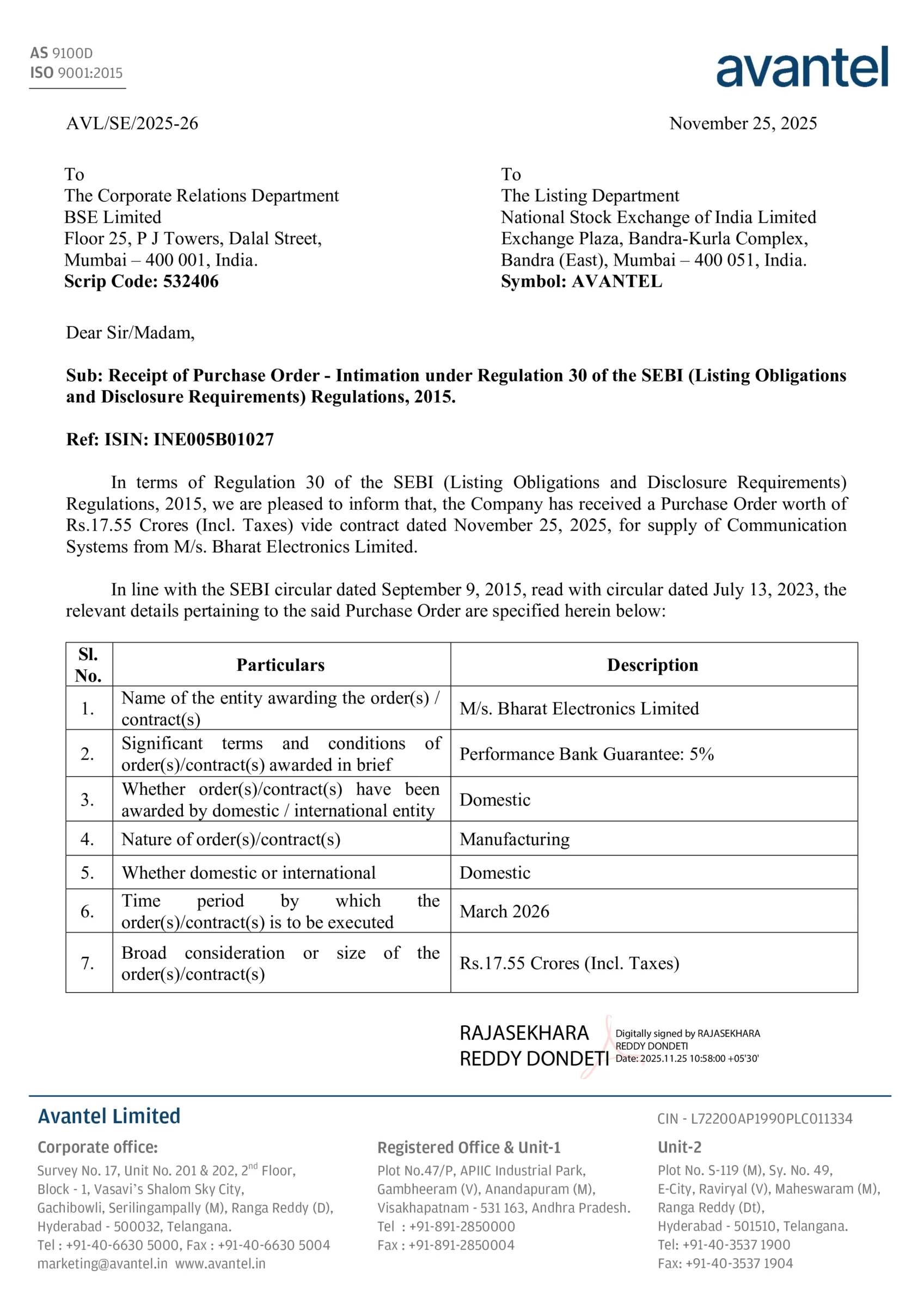 Avantel Ltd Secures New Purchase Order Worth ₹17.55 Crores from Bharat Electronics Ltd - httpsnsearchives.nseindia.comcorporateAVANTEL_25112025110404_Intimation25112025.pdf Page 1