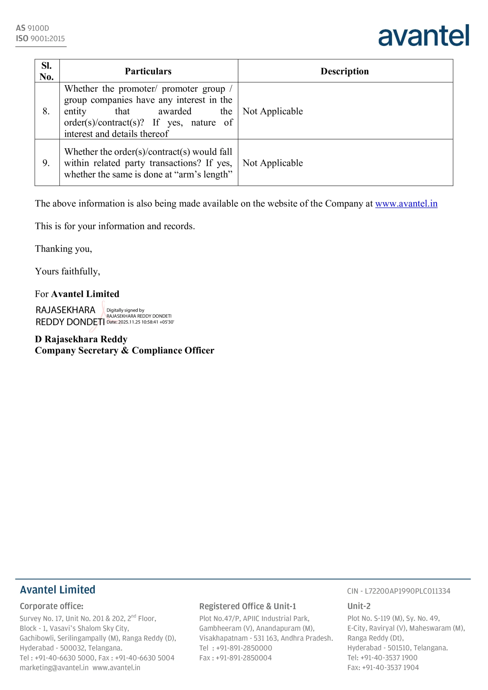 Avantel Ltd Secures New Purchase Order Worth ₹17.55 Crores from Bharat Electronics Ltd - httpsnsearchives.nseindia.comcorporateAVANTEL_25112025110404_Intimation25112025.pdf Page 2