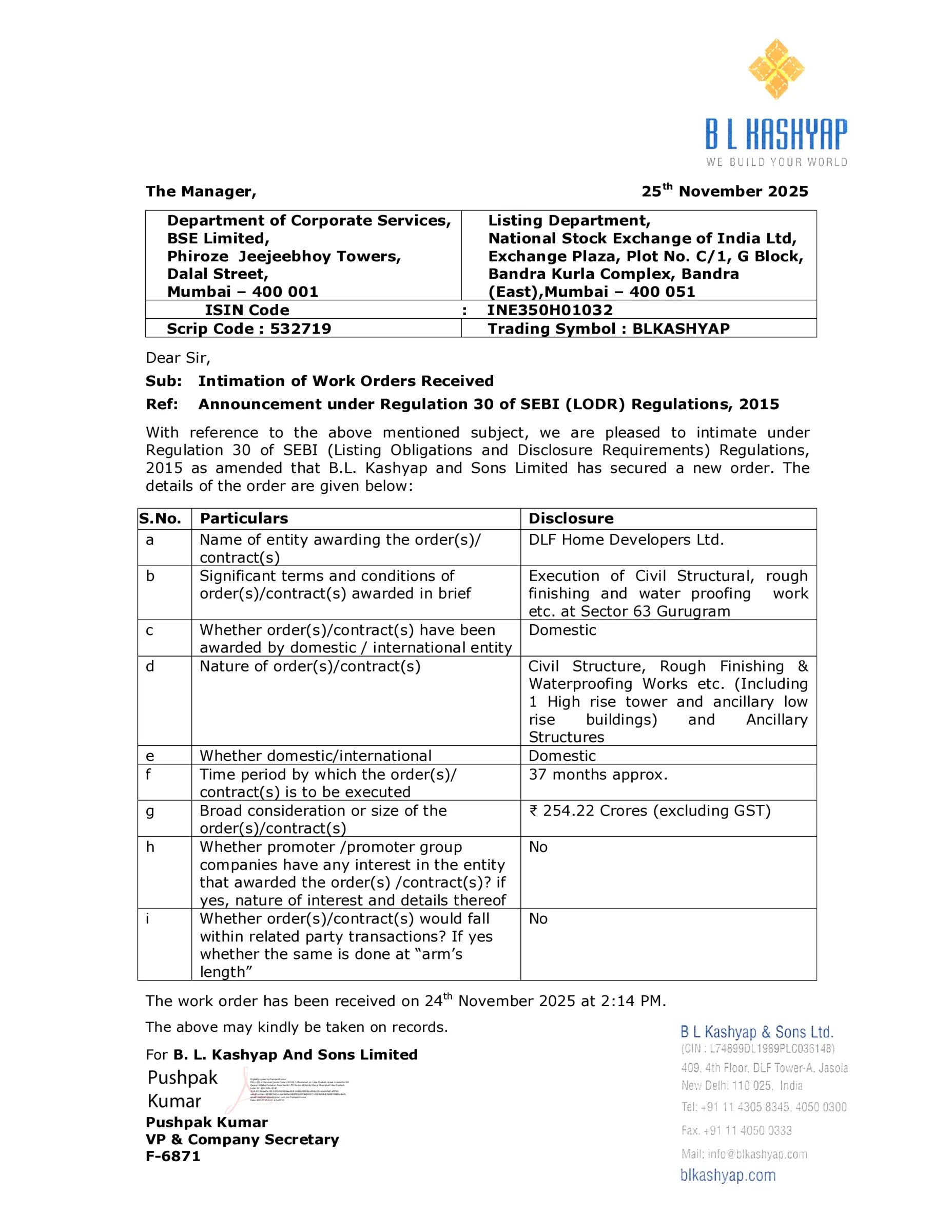 B.L. Kashyap Secures Major New Construction Order Worth ₹254 Crore from DLF in Gurugram -httpsnsearchives.nseindia.comcorporateBLKASHYAP_25112025122243_BLK_Award.pdf