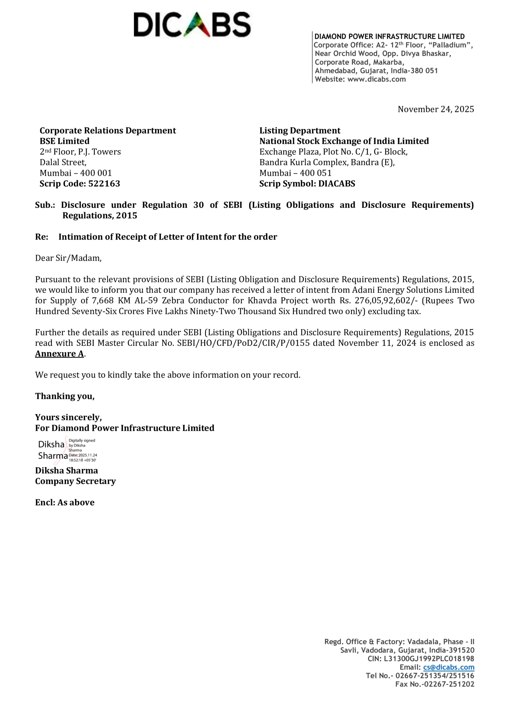 Diamond Power Infrastructure Bags Major Order Worth Over Rs. 276 Crore from Adani Energy Solutions for Khavda Project - https://nsearchives.nseindia.com/corporate/DIACABS_24112025190045_Regulation_30-Receipt_of_Letter_of_Intent.pdf Page 1