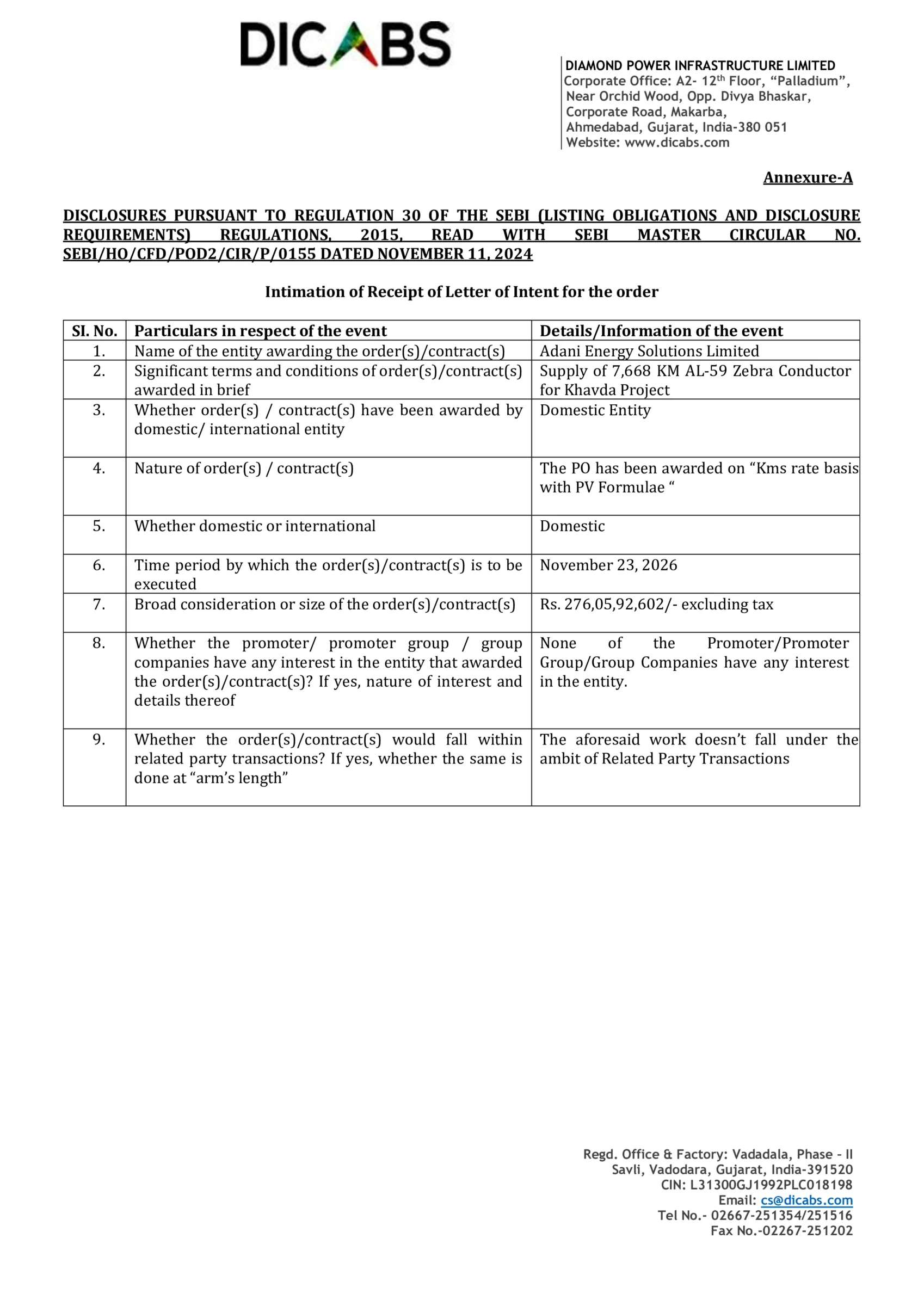 Diamond Power Infrastructure Bags Major Order Worth Over Rs. 276 Crore from Adani Energy Solutions for Khavda Project - https://nsearchives.nseindia.com/corporate/DIACABS_24112025190045_Regulation_30-Receipt_of_Letter_of_Intent.pdf Page 2