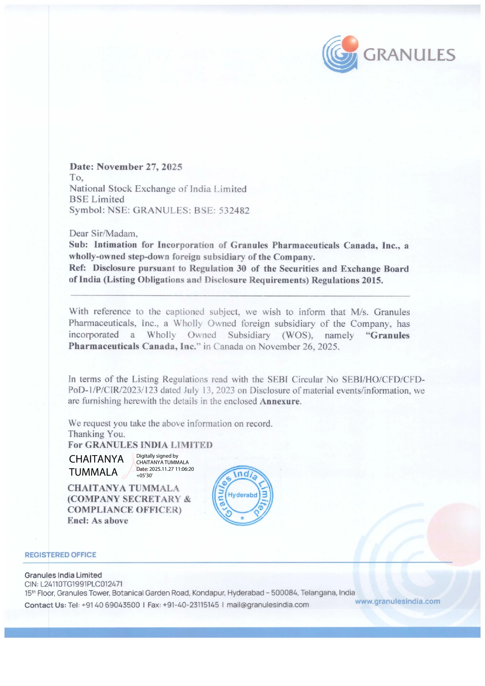 Granules India Incorporates Wholly-Owned Step-Down Subsidiary in Canada - httpsnsearchives.nseindia.comcorporateGRANULES_27112025114144_NSEBSECANDA.pdf Pg1