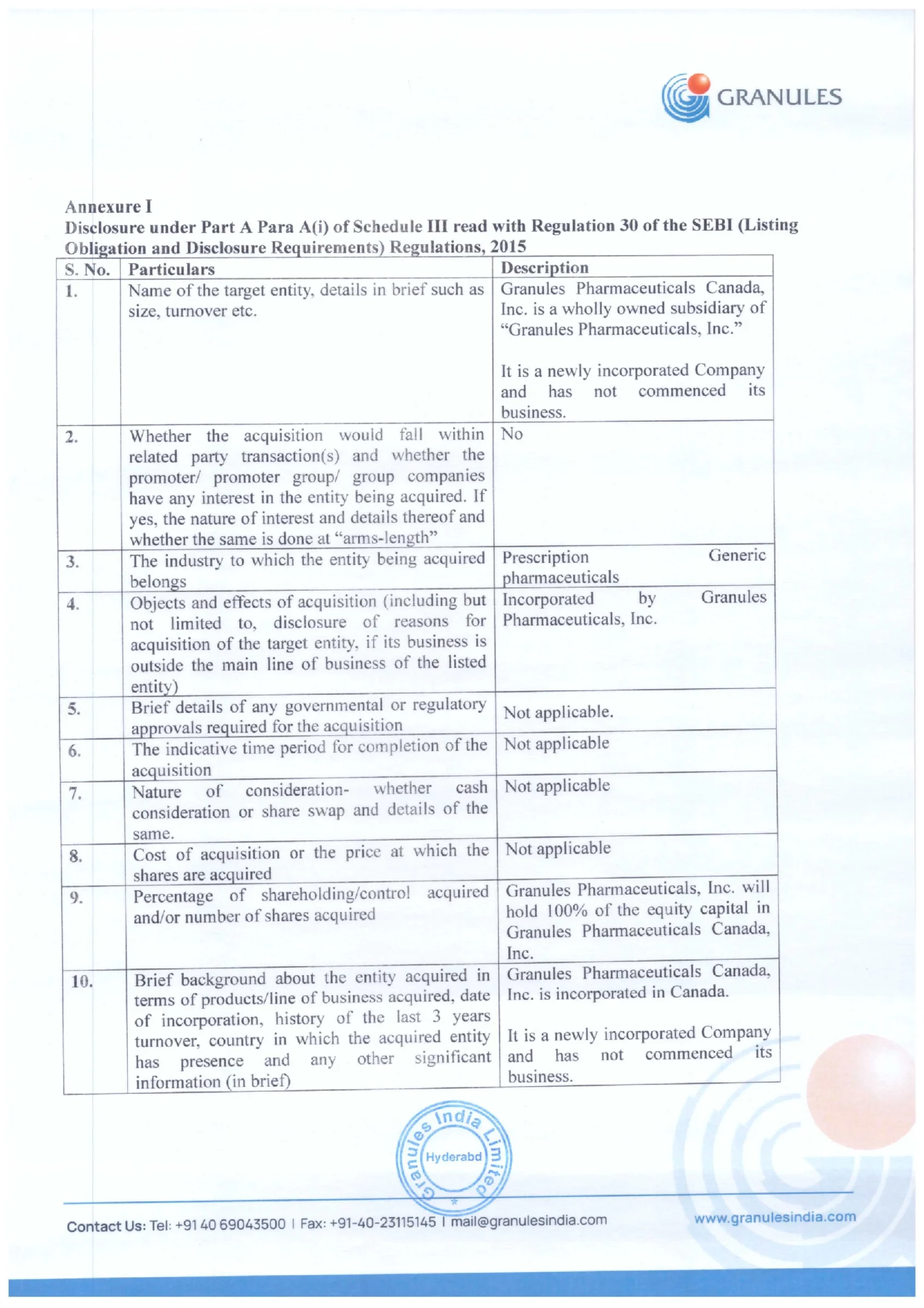 Granules India Incorporates Wholly-Owned Step-Down Subsidiary in Canada - httpsnsearchives.nseindia.comcorporateGRANULES_27112025114144_NSEBSECANDA.pdf Pg2