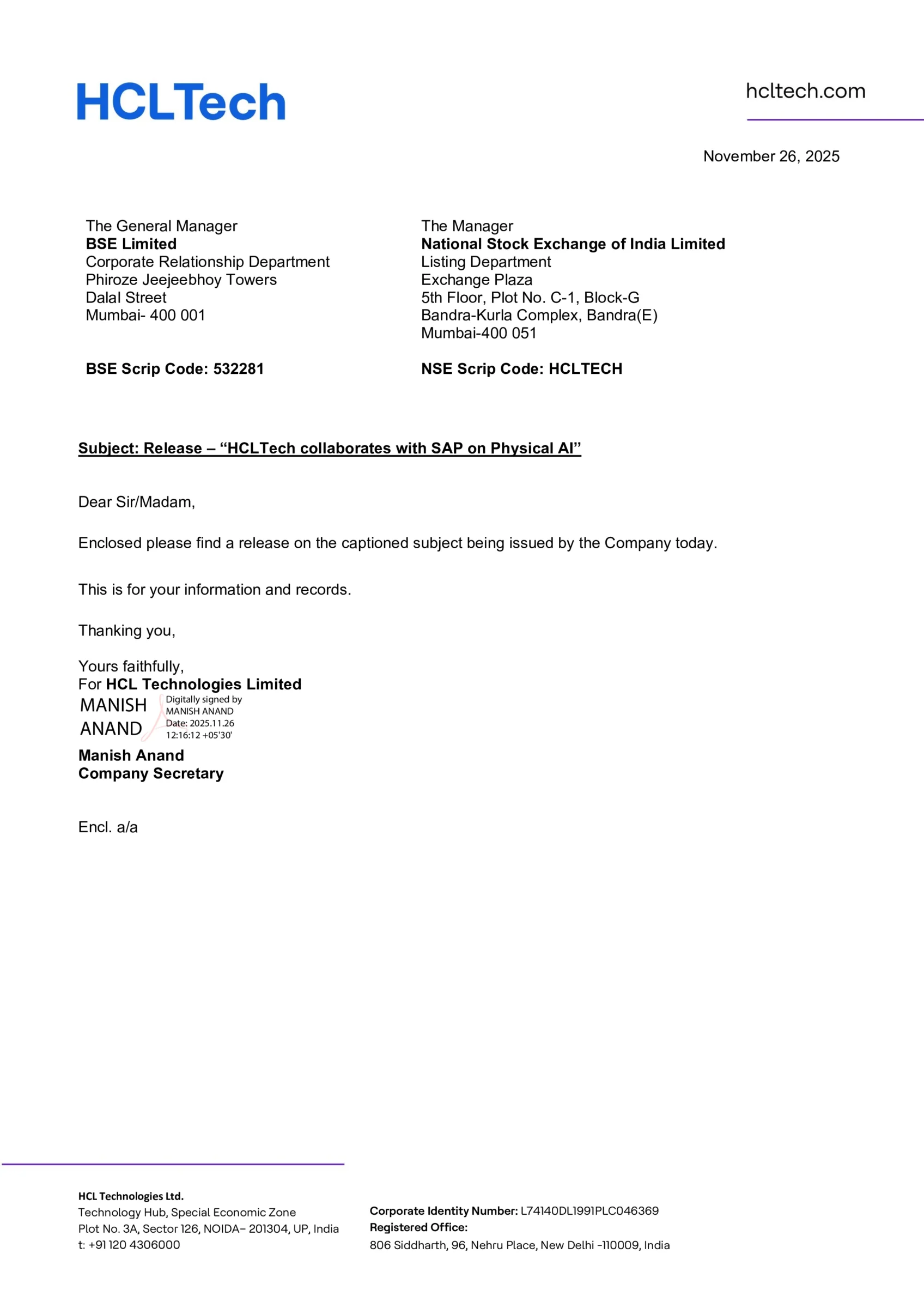 Official cover letter from HCL Technologies Ltd. to BSE and NSE, dated November 26, 2025, submitting the announcement regarding the company's collaboration with SAP on Physical AI. Signed by Company Secretary Manish Anand.
