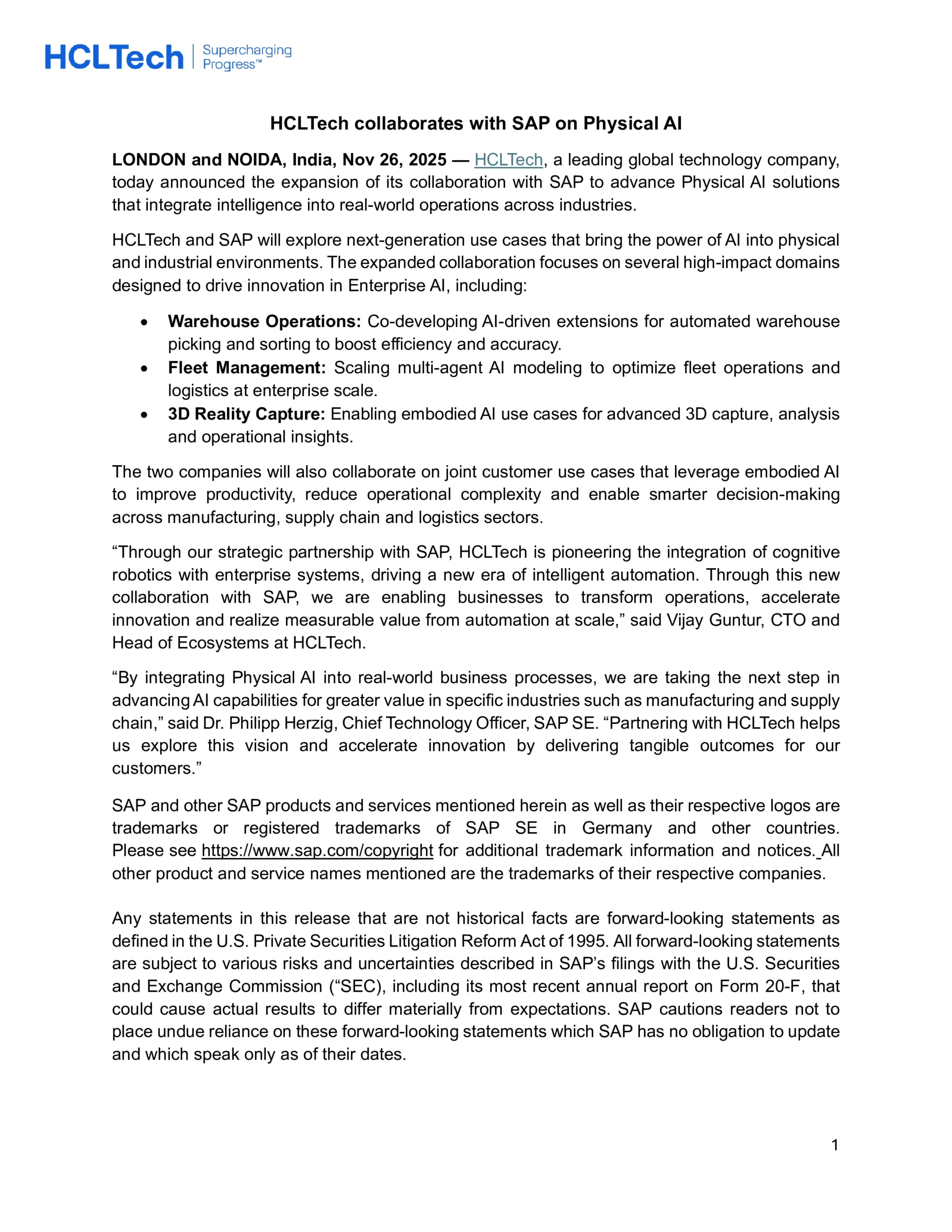 Screenshot of the official HCLTech and SAP collaboration announcement titled "HCLTech collaborates with SAP on Physical AI", dated November 26, 2025, detailing use cases in warehouse operations, fleet management, and 3D reality capture.