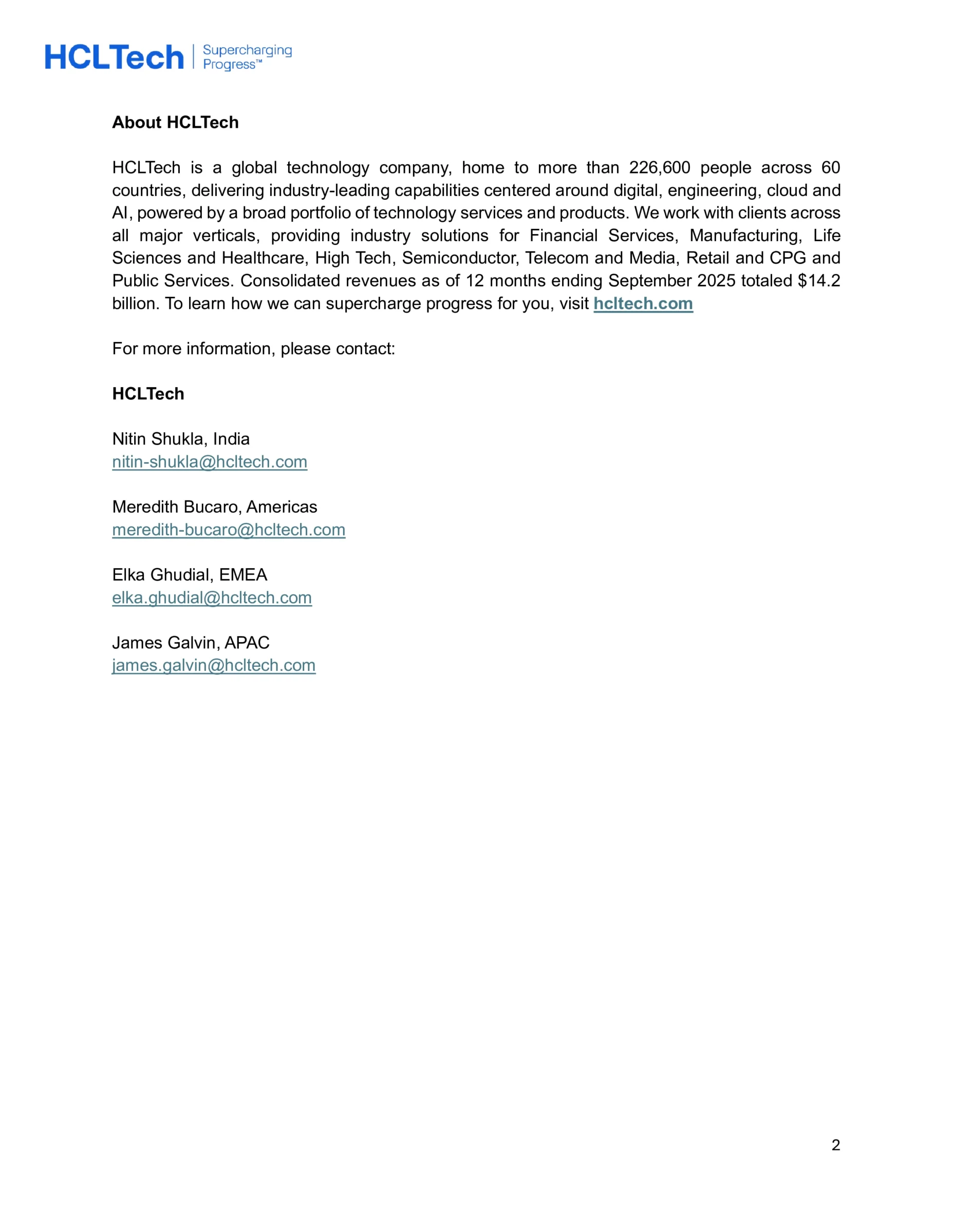 Screenshot of the "About HCLTech" section and global media contact information from the corporate announcement, stating the company has over 226,600 employees and $14.2 billion in trailing twelve-month revenue.

