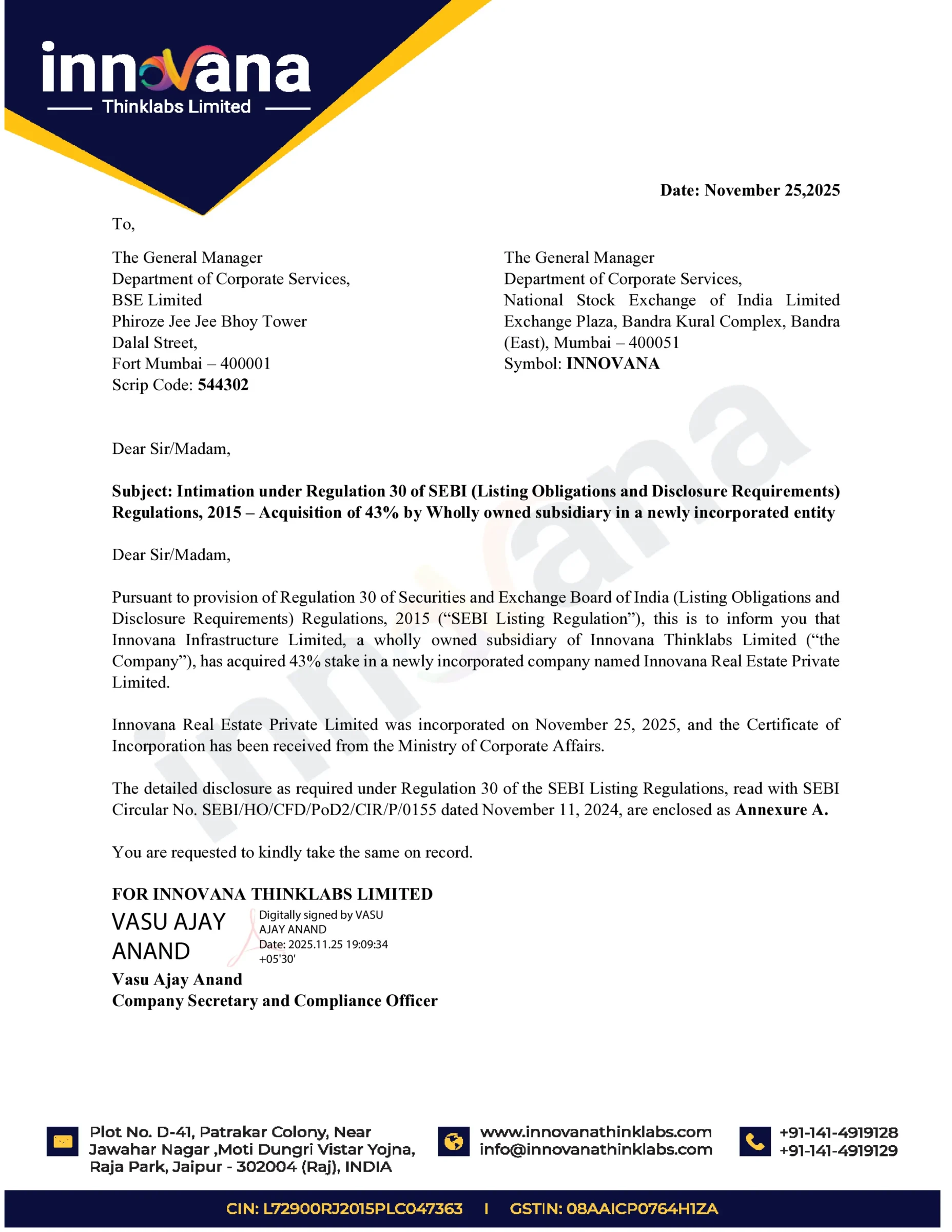 Innovana Thinklabs Subsidiary Acquires 43% Stake in Newly Formed Real Estate Entity - httpsnsearchives.nseindia.comcorporateINNOVANA_25112025192424_Acquisition-Innovana_Real_Estate_Private_Limited.pdf Pg1