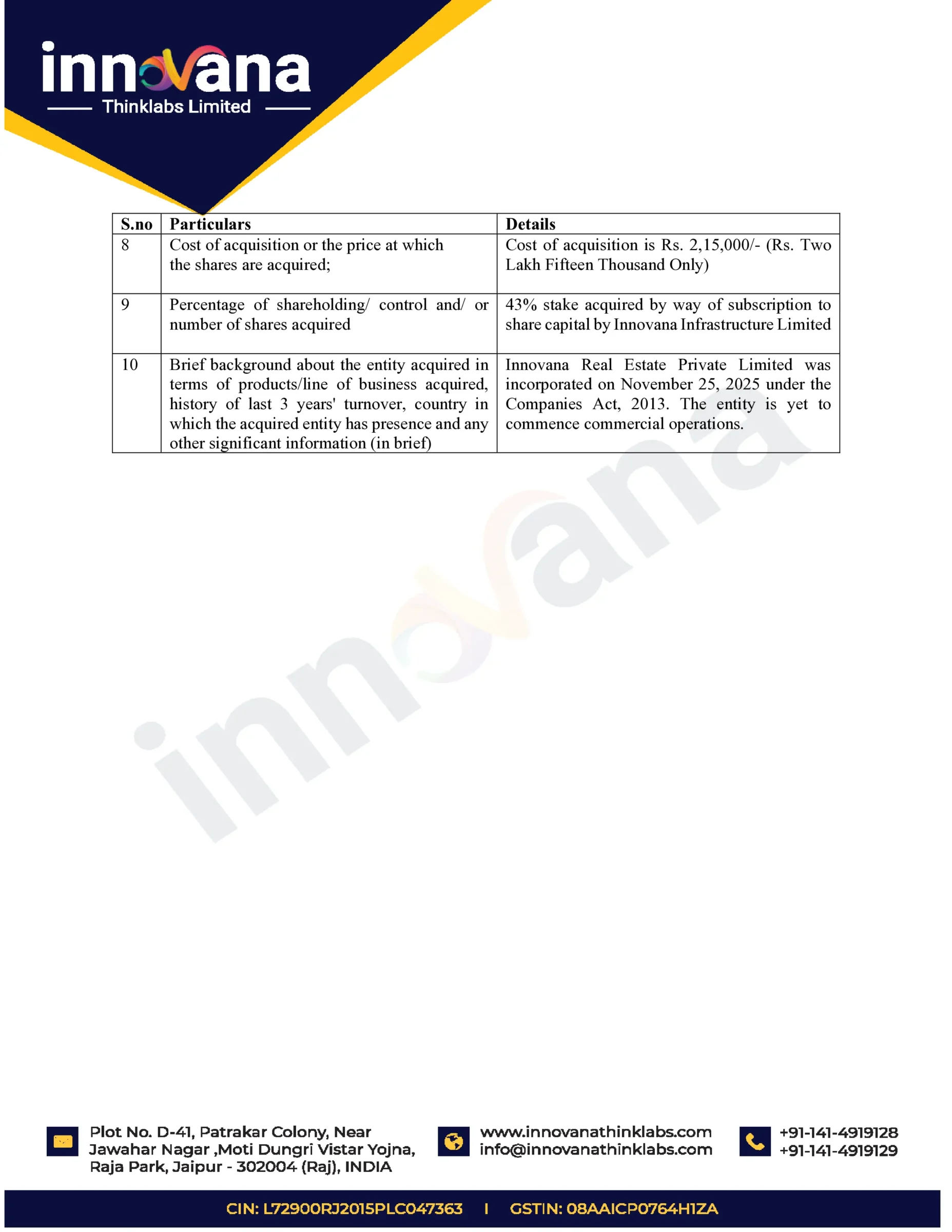 Innovana Thinklabs Subsidiary Acquires 43% Stake in Newly Formed Real Estate Entity - httpsnsearchives.nseindia.comcorporateINNOVANA_25112025192424_Acquisition-Innovana_Real_Estate_Private_Limited.pdf Pg3