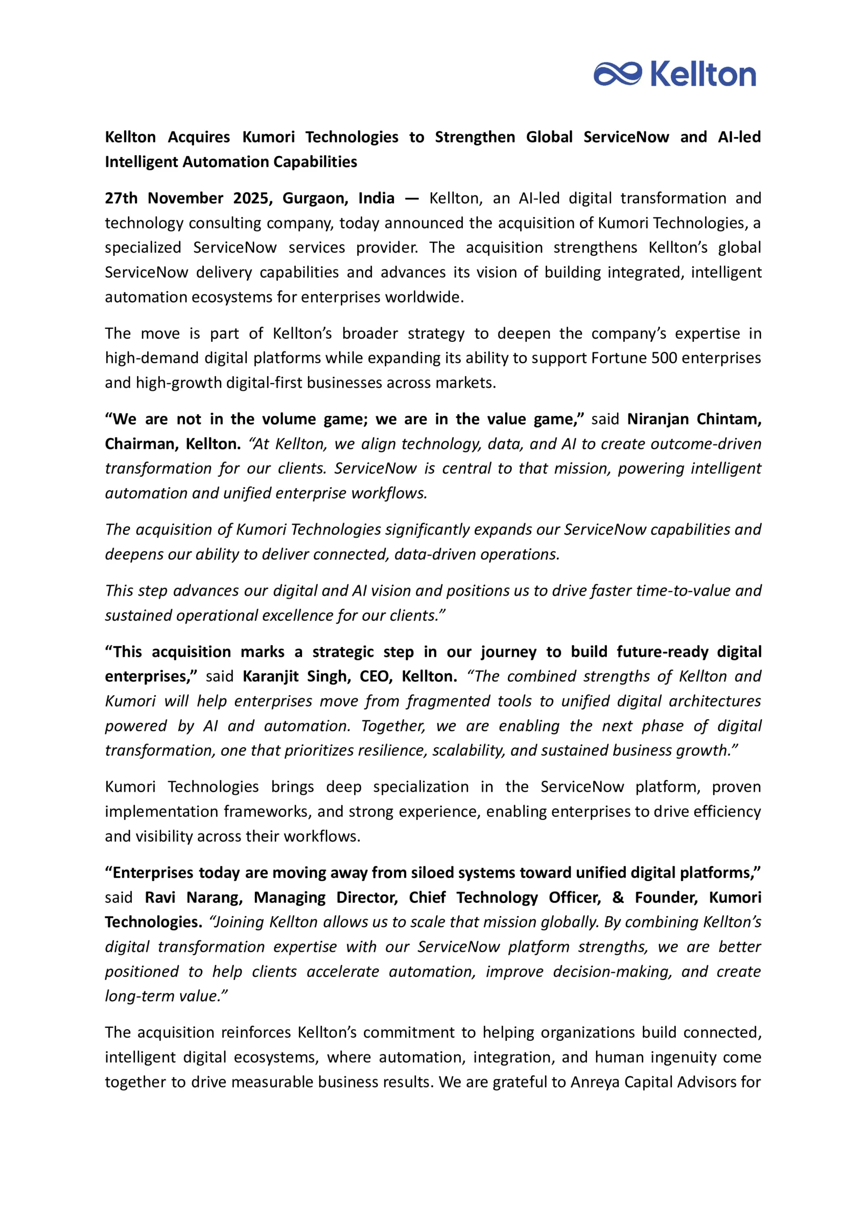 Kellton press release titled "Kellton Acquires Kumori Technologies to Strengthen Global ServiceNow and AI-led Intelligent Automation Capabilities" with quotes from company leadership.