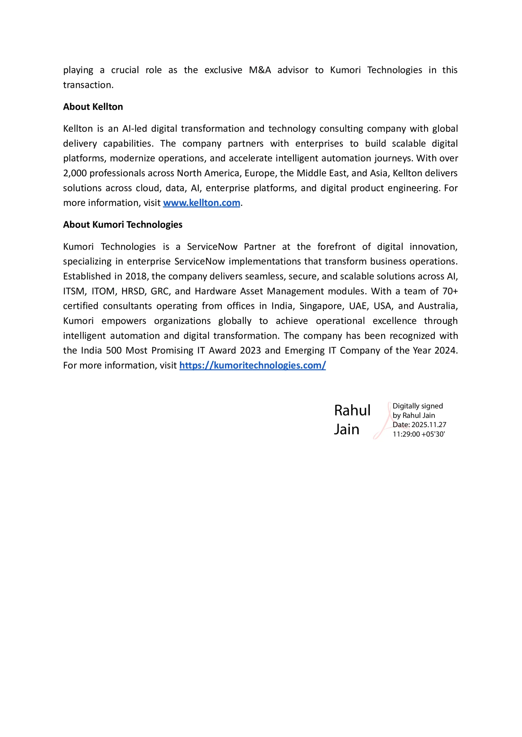 Continuation of Kellton's press release, including details on the M&A advisor and "About Kellton" and "About Kumori Technologies" company descriptions.
