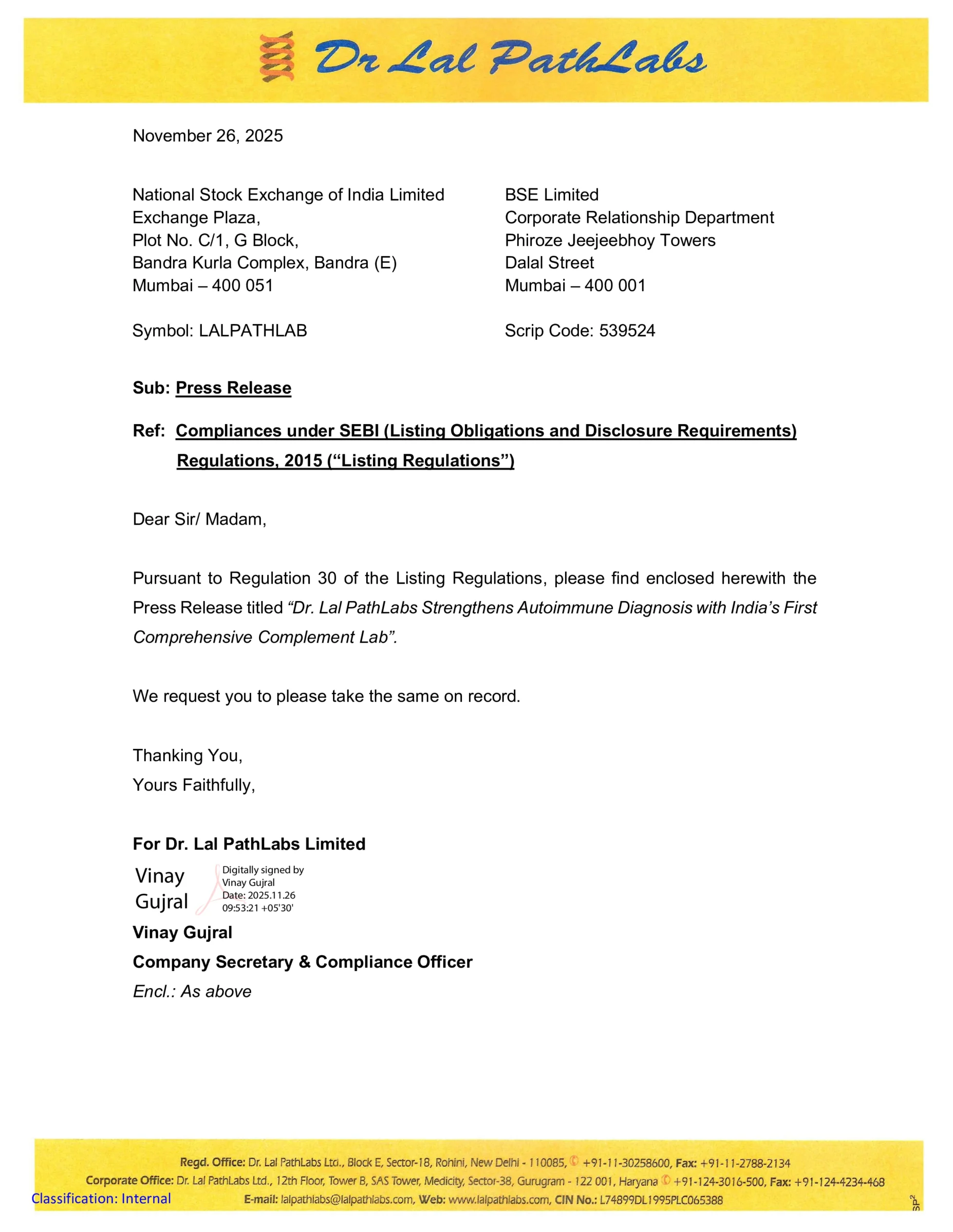 Dr. Lal PathLabs Launches India's First Comprehensive Complement Lab, Bolstering Autoimmune Diagnostics Portfolio - httpsnsearchives.nseindia.comcorporateLALPATHLAB_26112025100307_Pressrelease26112025.pdf Pg 1