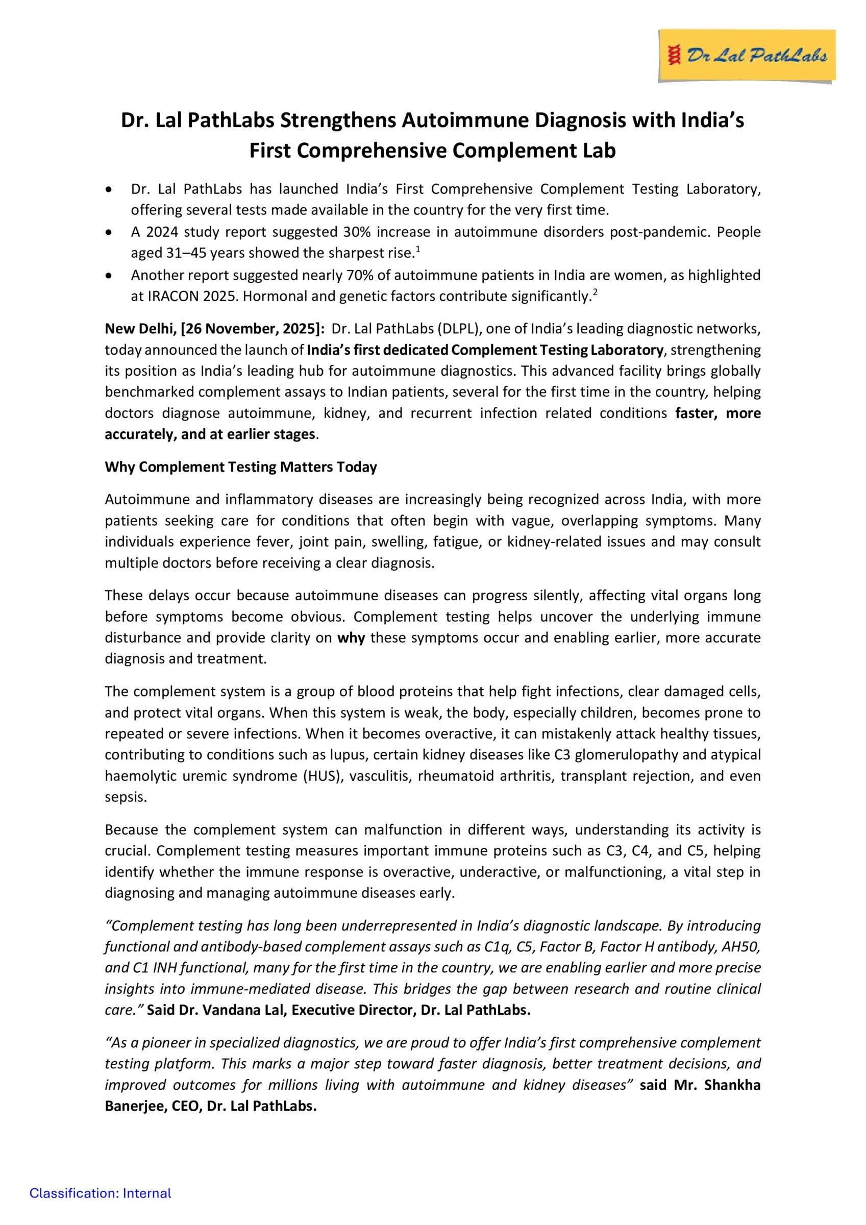 Dr. Lal PathLabs Launches India's First Comprehensive Complement Lab, Bolstering Autoimmune Diagnostics Portfolio - httpsnsearchives.nseindia.comcorporateLALPATHLAB_26112025100307_Pressrelease26112025.pdf Pg 2