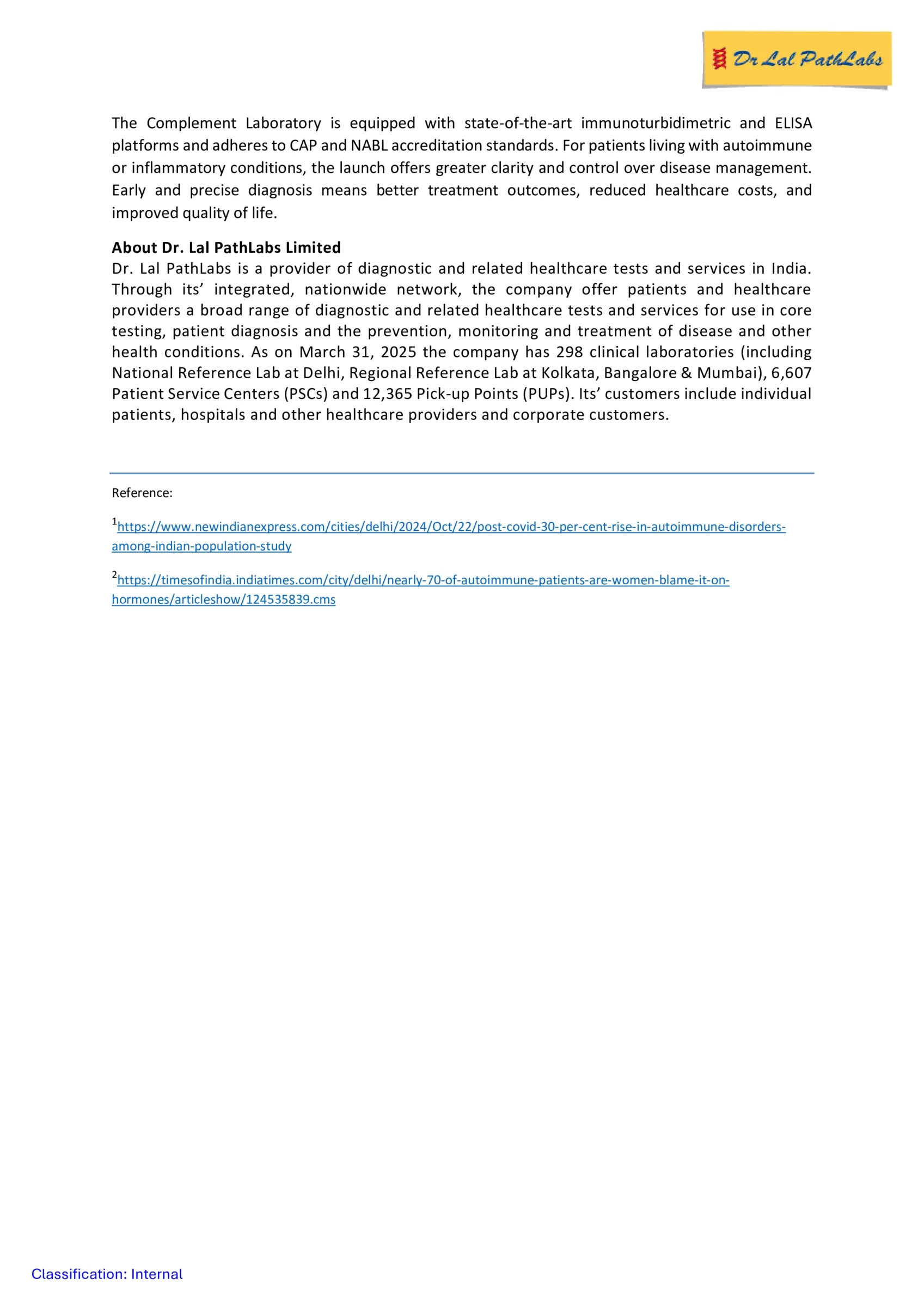 Dr. Lal PathLabs Launches India's First Comprehensive Complement Lab, Bolstering Autoimmune Diagnostics Portfolio - httpsnsearchives.nseindia.comcorporateLALPATHLAB_26112025100307_Pressrelease26112025.pdf Pg 3