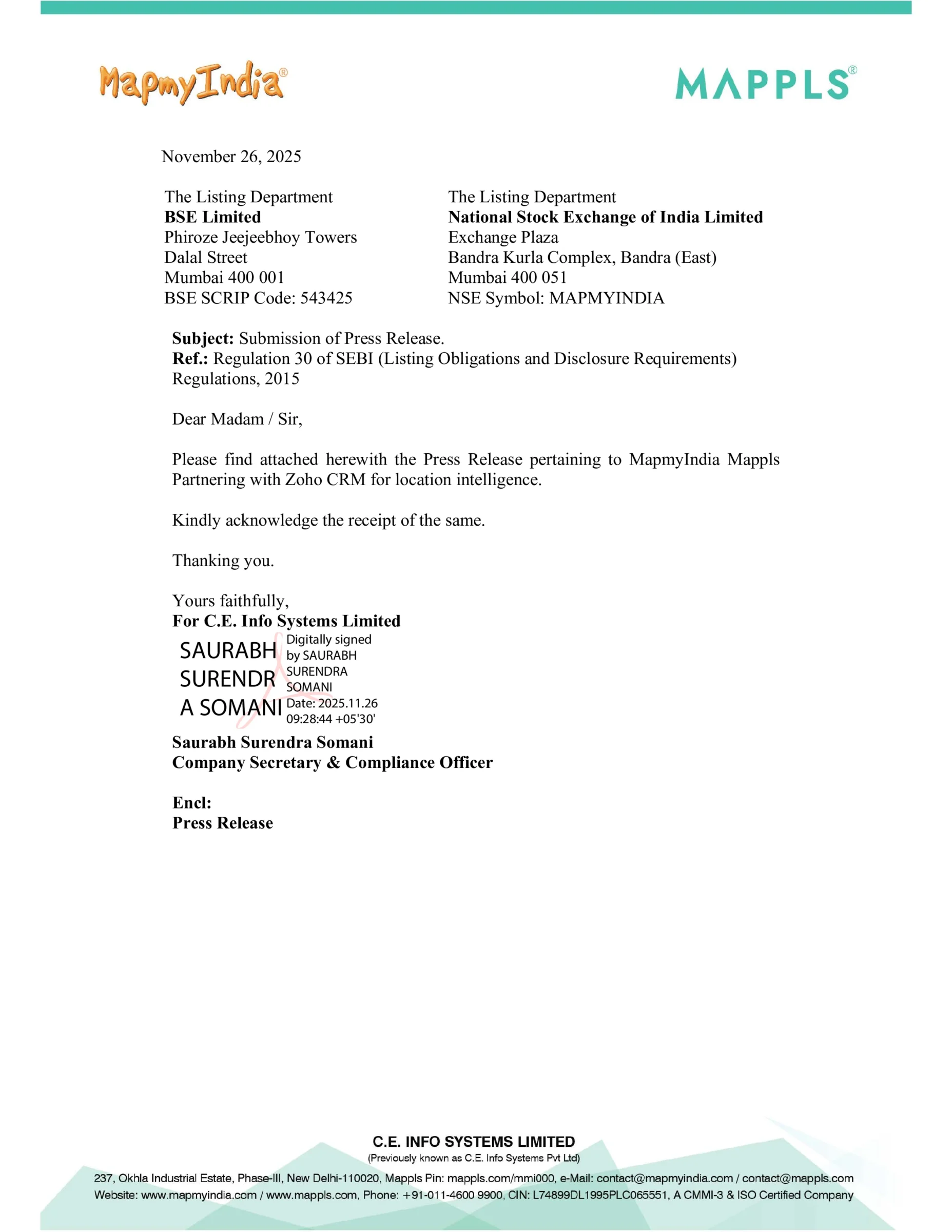 MapmyIndia (C.E. Info Systems) Partners with Zoho CRM for Location Intelligence - httpsnsearchives.nseindia.comcorporateMAPMYINDIA_26112025093457_MMI_ZOHO_PR_26_Nov_2025.pdf Pg1