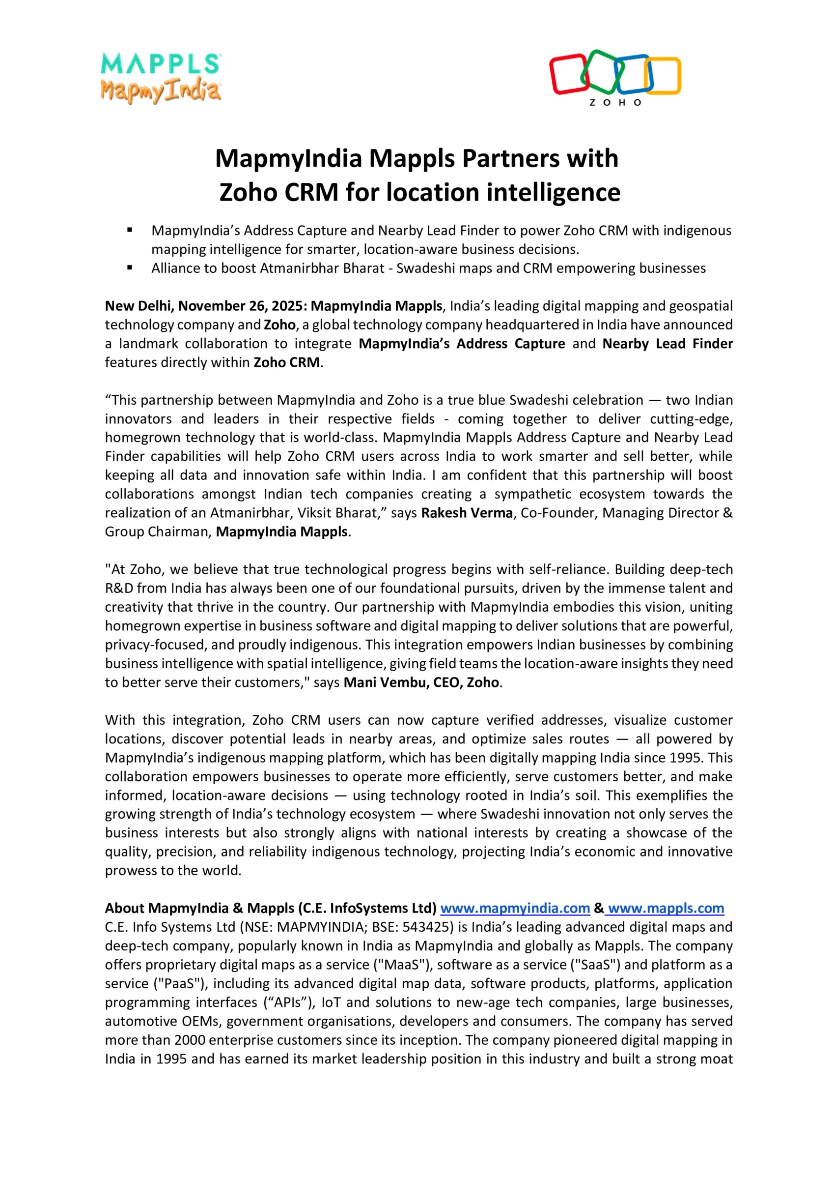 MapmyIndia (C.E. Info Systems) Partners with Zoho CRM for Location Intelligence - httpsnsearchives.nseindia.comcorporateMAPMYINDIA_26112025093457_MMI_ZOHO_PR_26_Nov_2025.pdf Pg2
