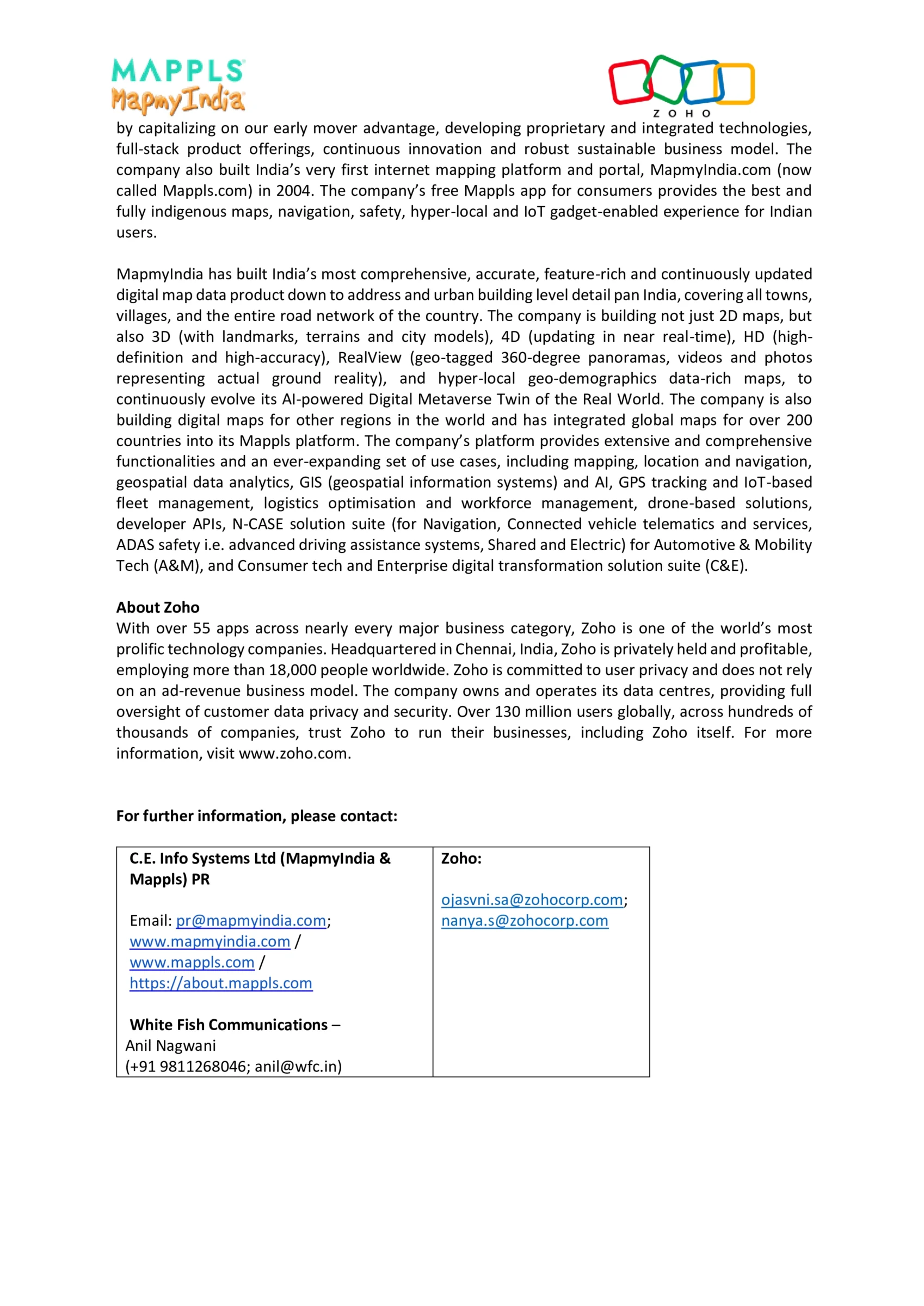 MapmyIndia (C.E. Info Systems) Partners with Zoho CRM for Location Intelligence - httpsnsearchives.nseindia.comcorporateMAPMYINDIA_26112025093457_MMI_ZOHO_PR_26_Nov_2025.pdf Pg3