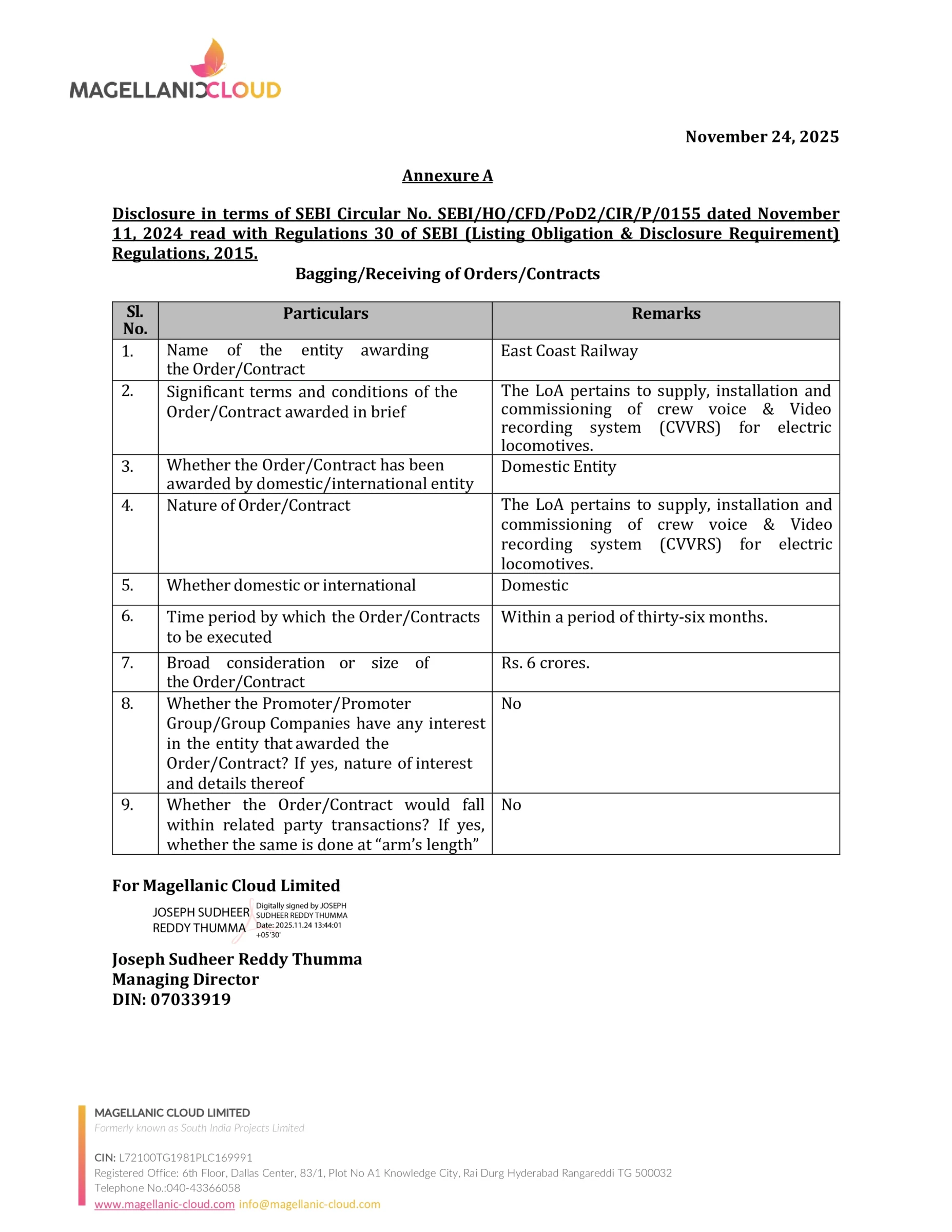 Magellanic Cloud's Subsidiary Provigil Surveillance Bags ₹6 Crore Contract from East Coast Railway for Advanced Locomotive Safety Systems - https://nsearchives.nseindia.com/corporate/MCLOUD_24112025161706_Provigil_IntimationLetter_signed.pdf Page 3

