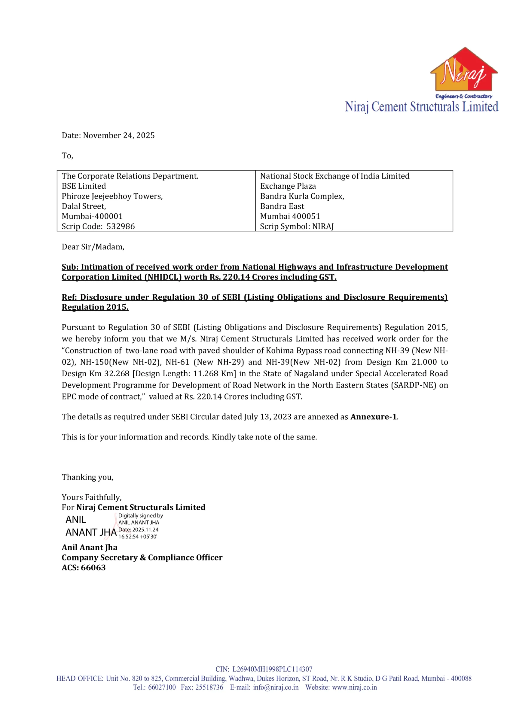 Niraj Cement Structurals Bags Major NHIDCL Order Worth Rs. 220.14 Crores for Kohima Bypass Road Project -httpsnsearchives.nseindia.comcorporateNIRAJ_24112025165954_Intimation_Work_Order.pdf Page 1