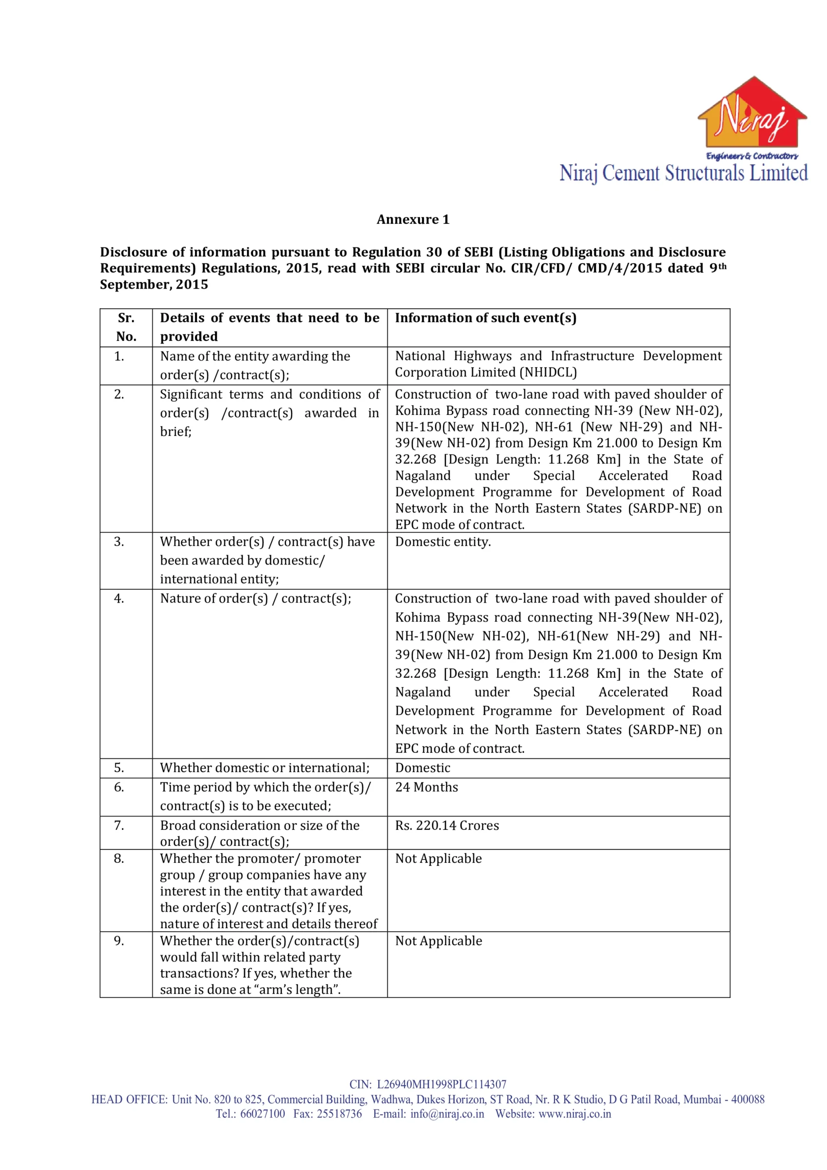 Niraj Cement Structurals Bags Major NHIDCL Order Worth Rs. 220.14 Crores for Kohima Bypass Road Project -httpsnsearchives.nseindia.comcorporateNIRAJ_24112025165954_Intimation_Work_Order.pdf Page 2