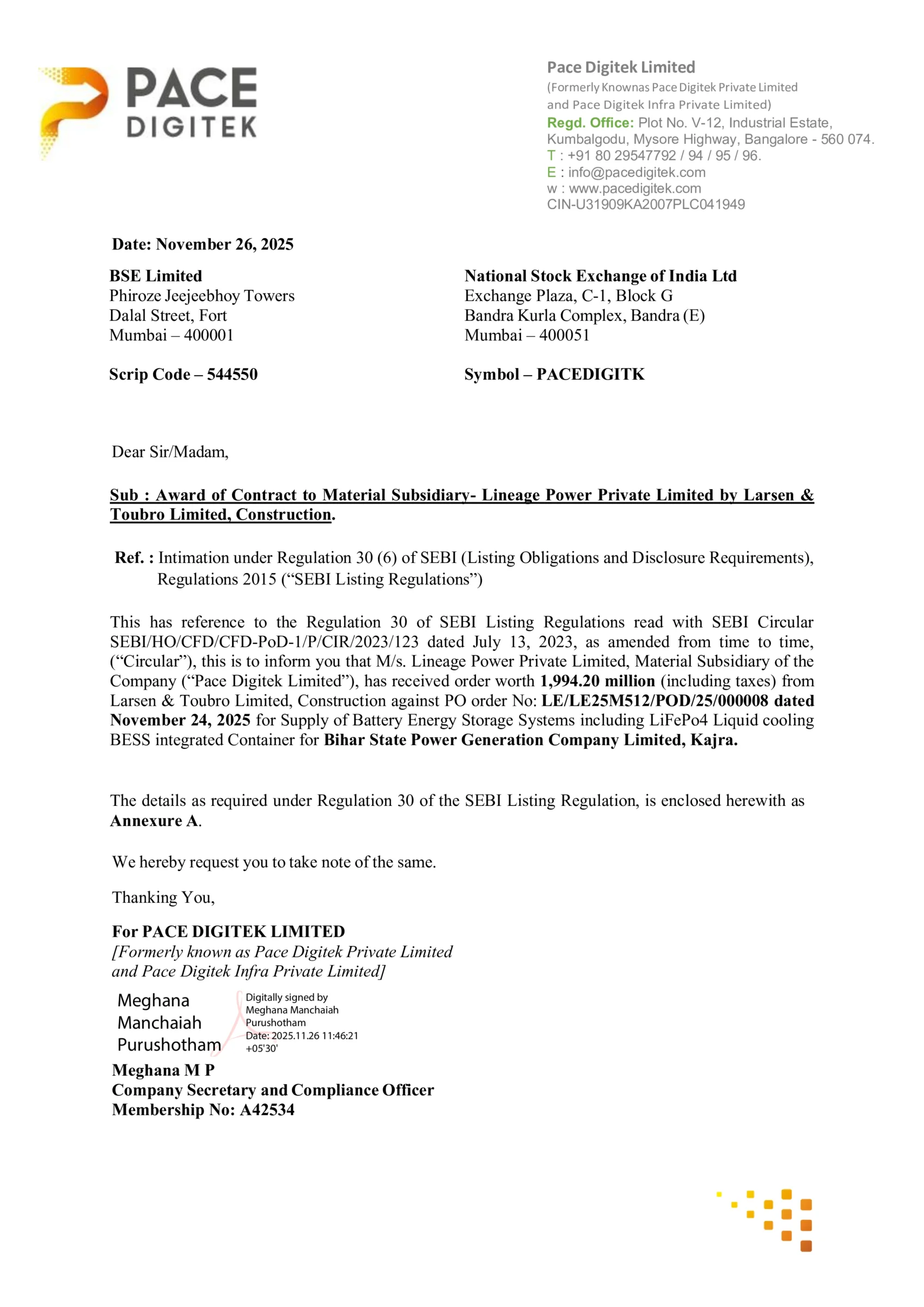 Pace Digitek's Material Subsidiary, Lineage Power, Bags Major ₹199.42 Crore BESS Order from L&T - httpsnsearchives.nseindia.comcorporatePACE_26112025123055_ReceiptofOrderLandT.pdf Pg 1