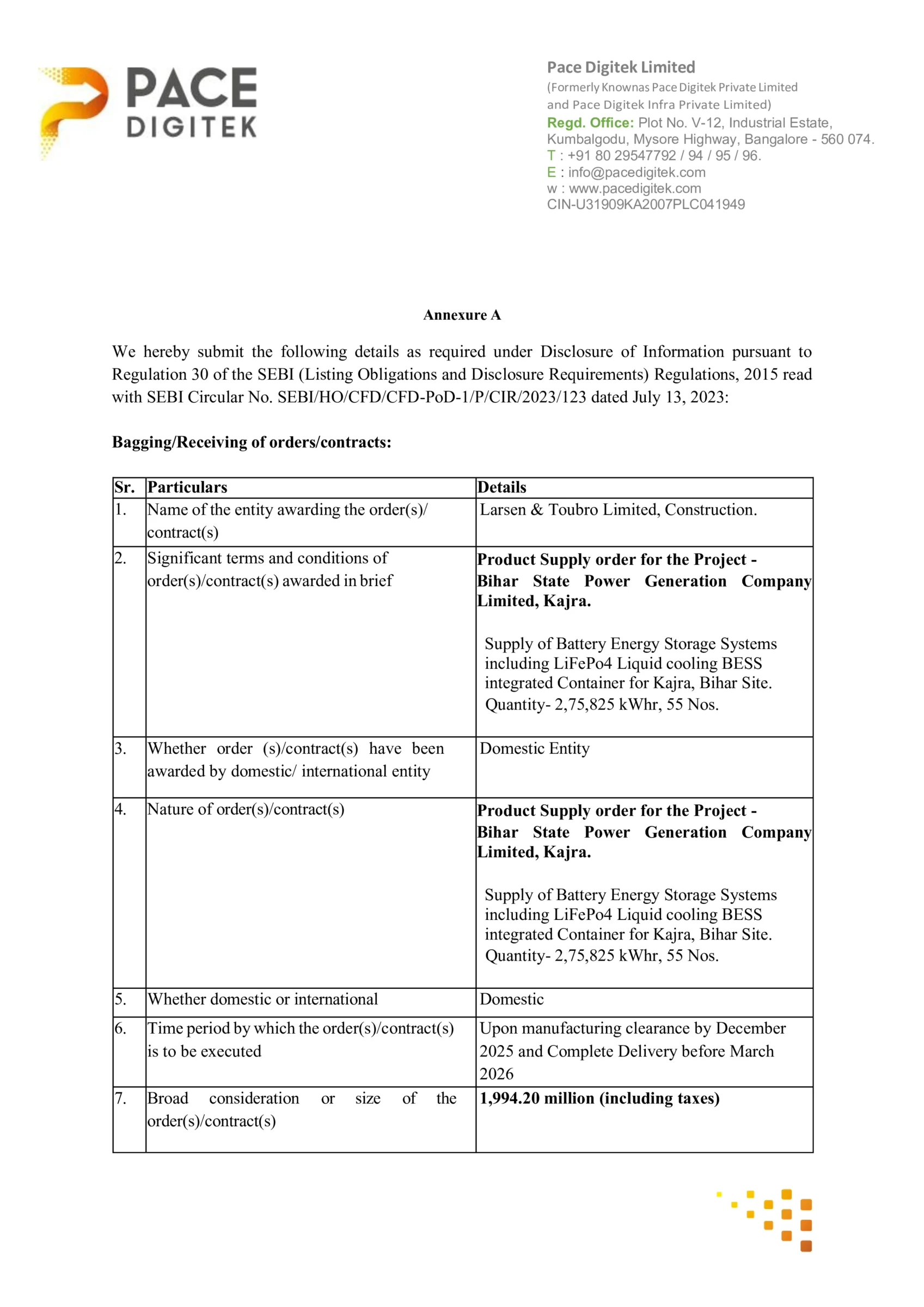 Pace Digitek's Material Subsidiary, Lineage Power, Bags Major ₹199.42 Crore BESS Order from L&T - httpsnsearchives.nseindia.comcorporatePACE_26112025123055_ReceiptofOrderLandT.pdf Pg 2