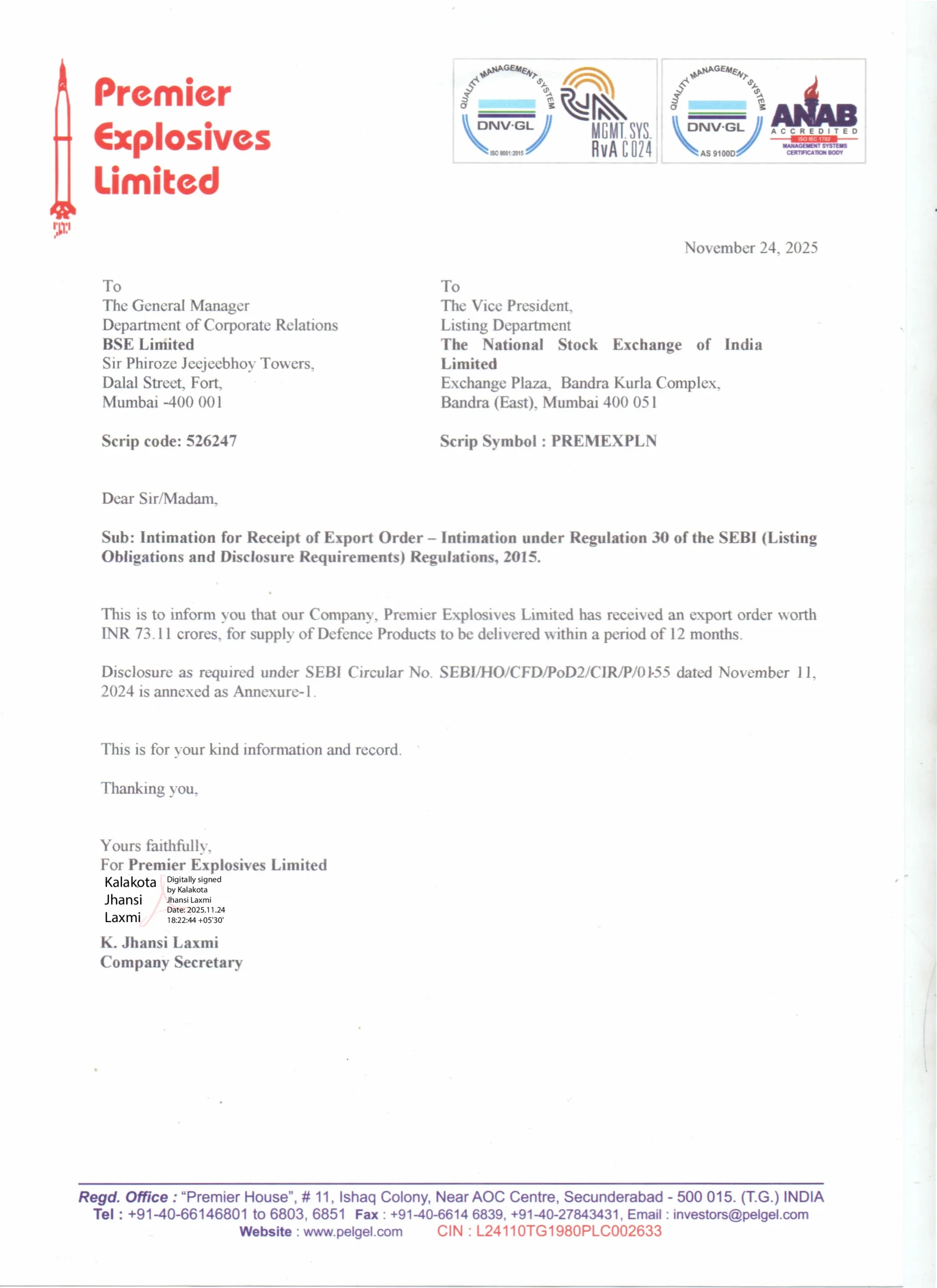 Premier Explosives Ltd. Secures Major Export Order Worth INR 73.11 Crores from International Defence Client - httpsnsearchives.nseindia.comcorporatePREMEXPLN_24112025183052_BSENSEExportOrder24112025.pdf Page 1

