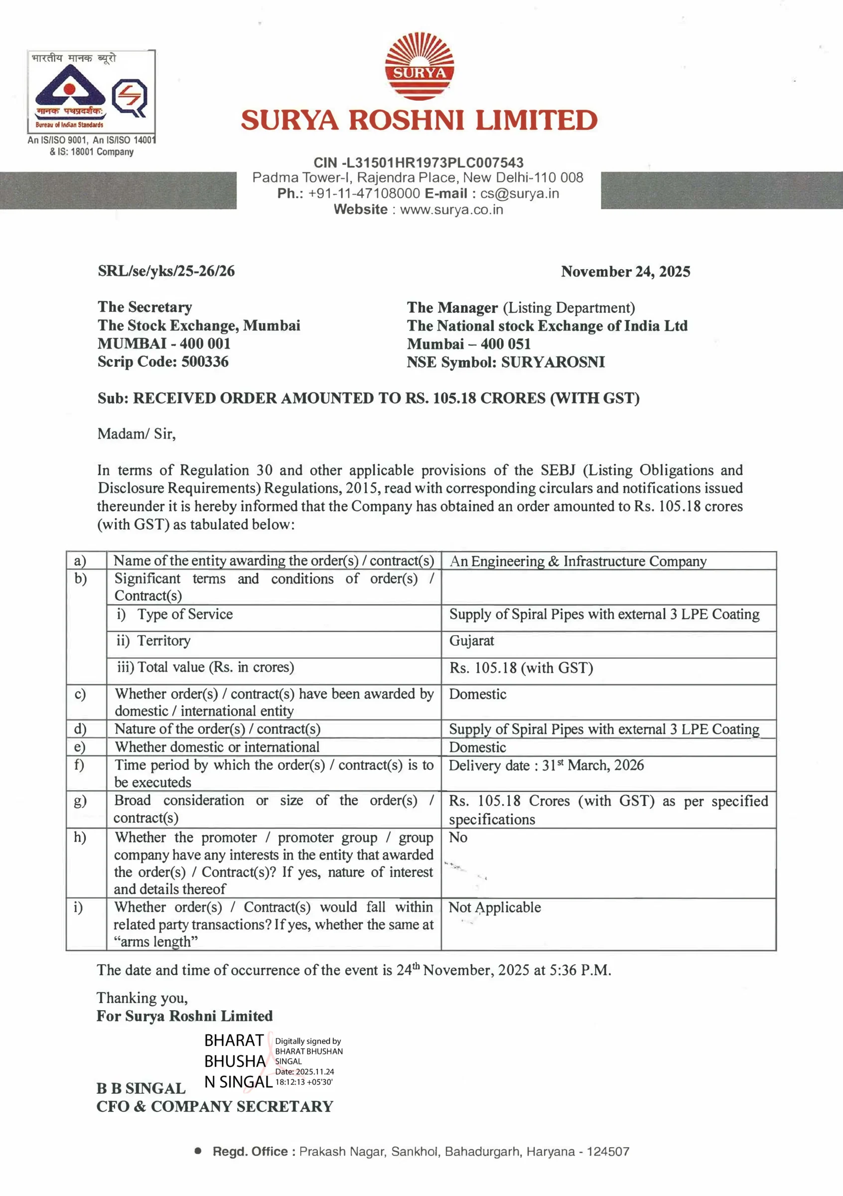 Surya Roshni Ltd. Secures Major Order Worth Rs. 105.18 Crores for Spiral Pipes in Gujarat - https://nsearchives.nseindia.com/corporate/SURYAROSNI_24112025181940_Order_24112025.pdf