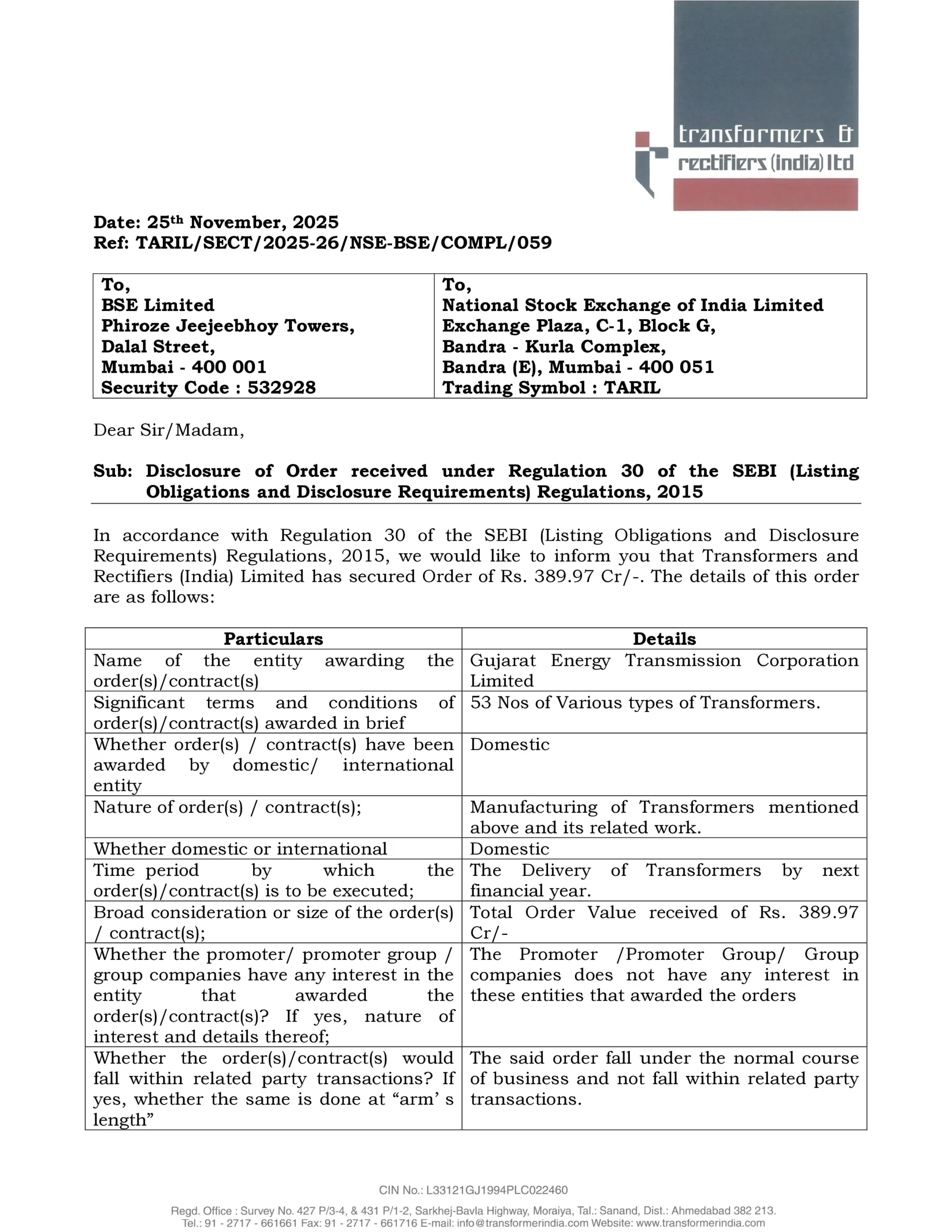 Transformers and Rectifiers (India) Ltd. Secures Major Order Worth ₹389.97 Crore from GETCO -httpsnsearchives.nseindia.comcorporateTRIL_25112025125123_IntimationOrder25112025.pdf Page 1