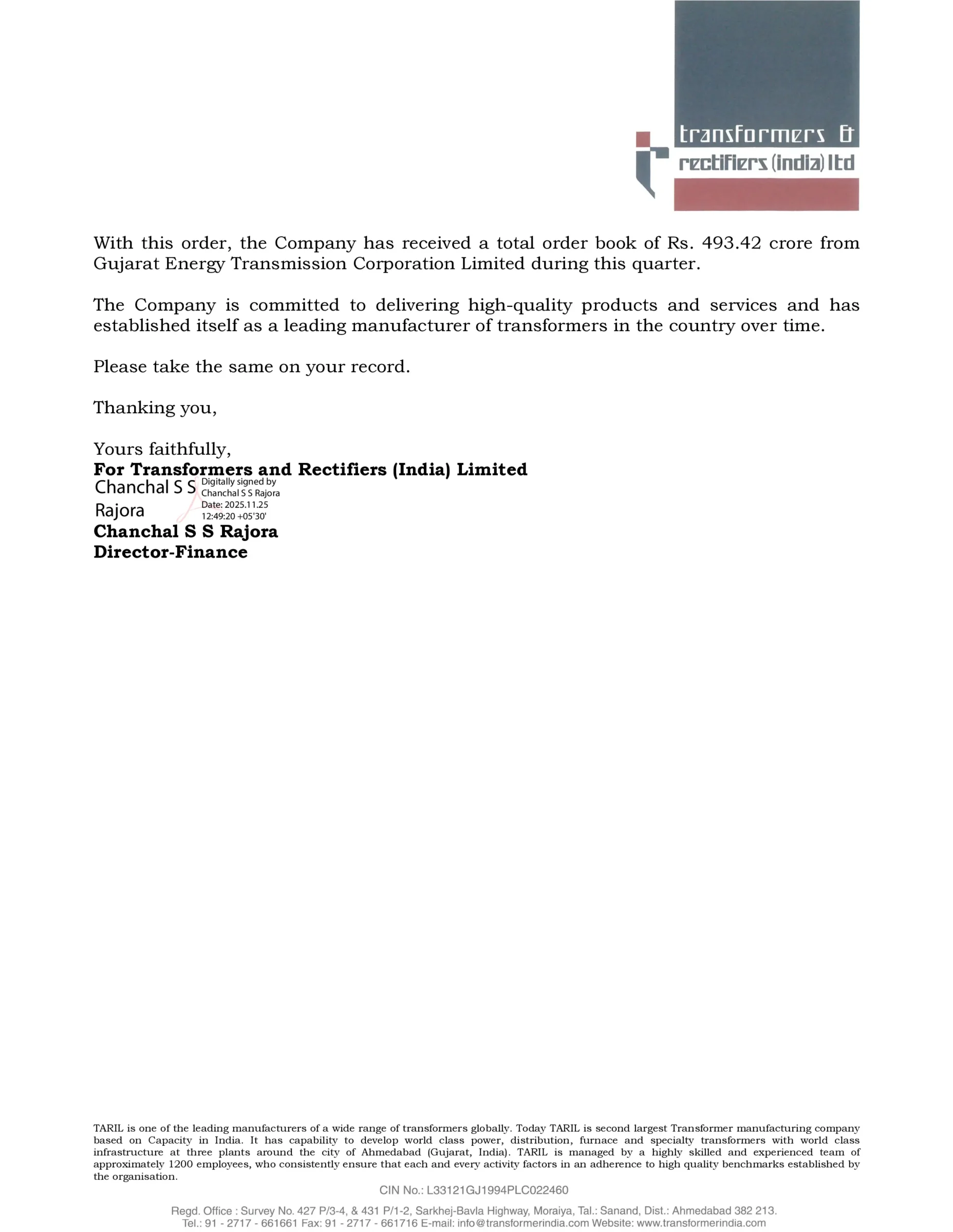 Transformers and Rectifiers (India) Ltd. Secures Major Order Worth ₹389.97 Crore from GETCO -httpsnsearchives.nseindia.comcorporateTRIL_25112025125123_IntimationOrder25112025.pdf Page 2