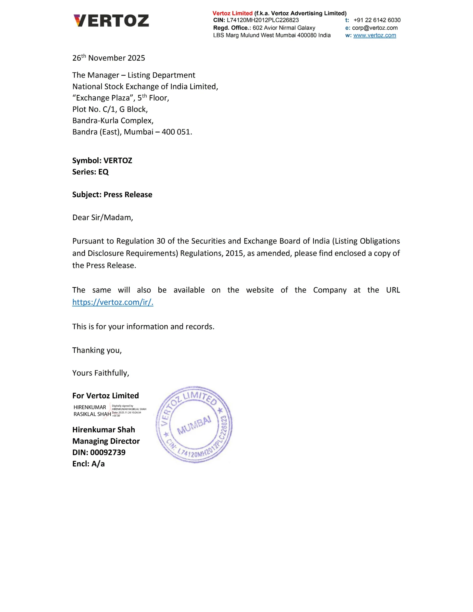 Vertoz Limited Announces Accretive Acquisition of US-Based Webimax LLC, Bolstering Global MadTech Presence - https://nsearchives.nseindia.com/corporate/VERTOZ_26112025103018_PR_sd.pdf Pg 1