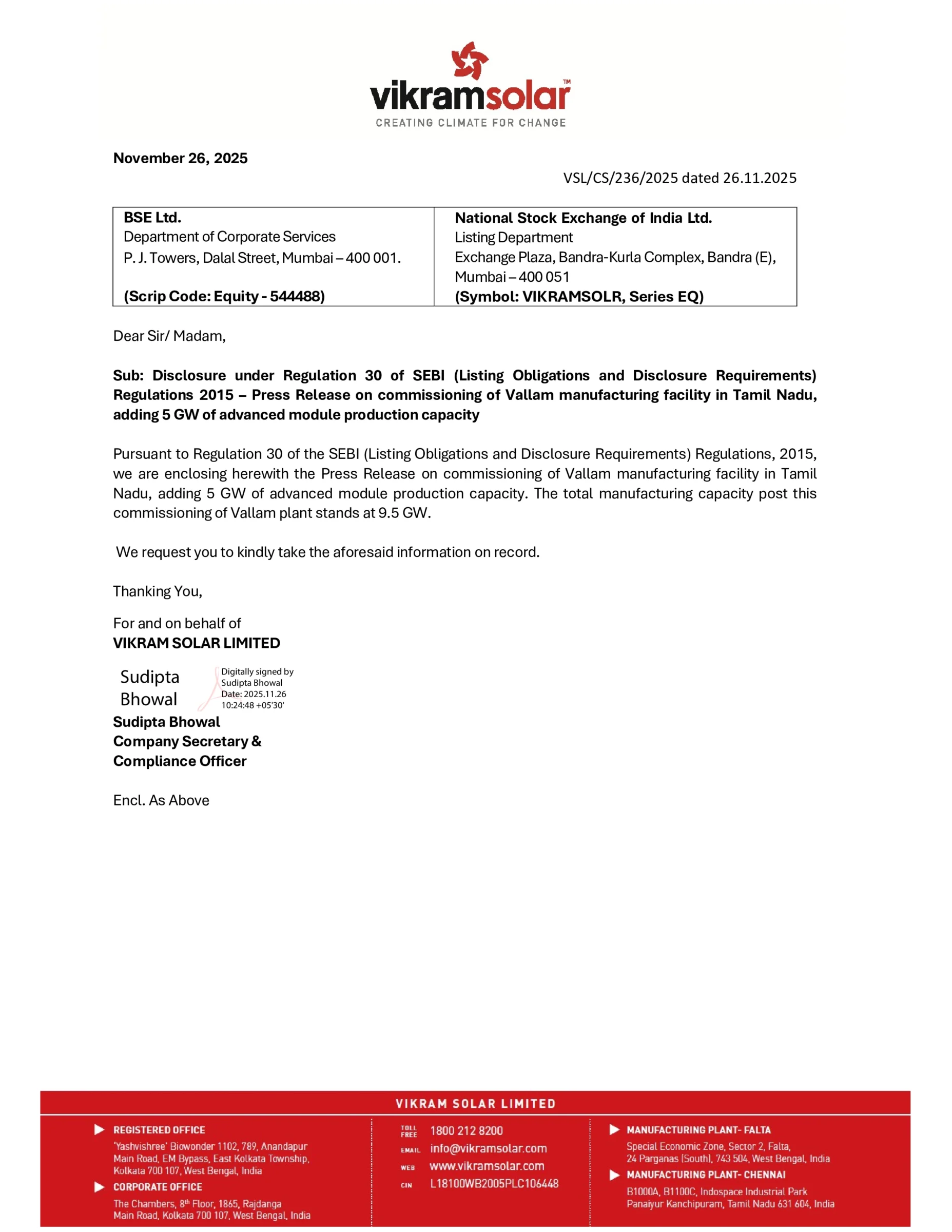 Vikram Solar Commissions Advanced 5 GW Vallam Plant, Boosts Total Capacity to 9.5 GW - httpsnsearchives.nseindia.comcorporateVSLCS_26112025104133_VSLPressrelease2611.pdf Pg 1