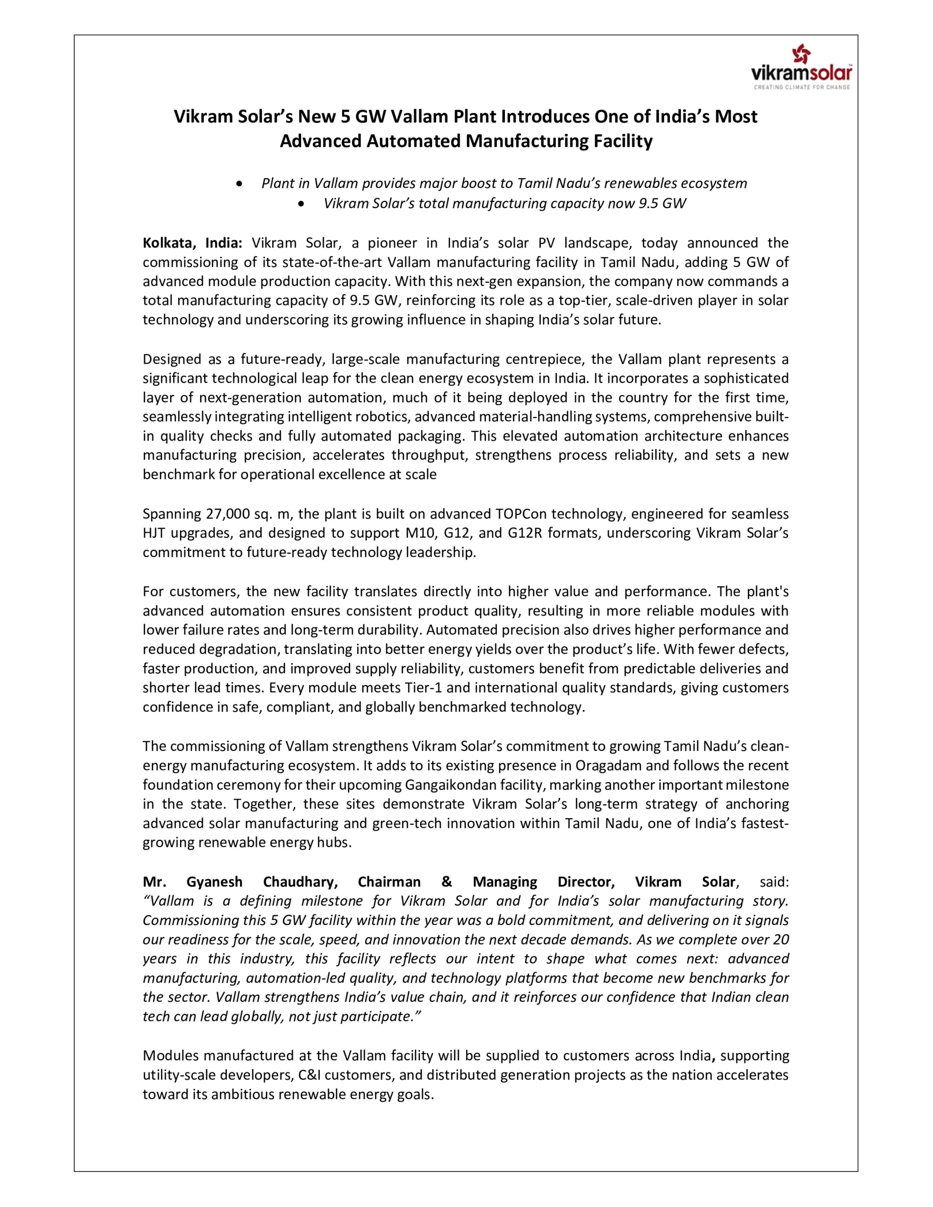 Vikram Solar Commissions Advanced 5 GW Vallam Plant, Boosts Total Capacity to 9.5 GW - httpsnsearchives.nseindia.comcorporateVSLCS_26112025104133_VSLPressrelease2611.pdf Pg 2