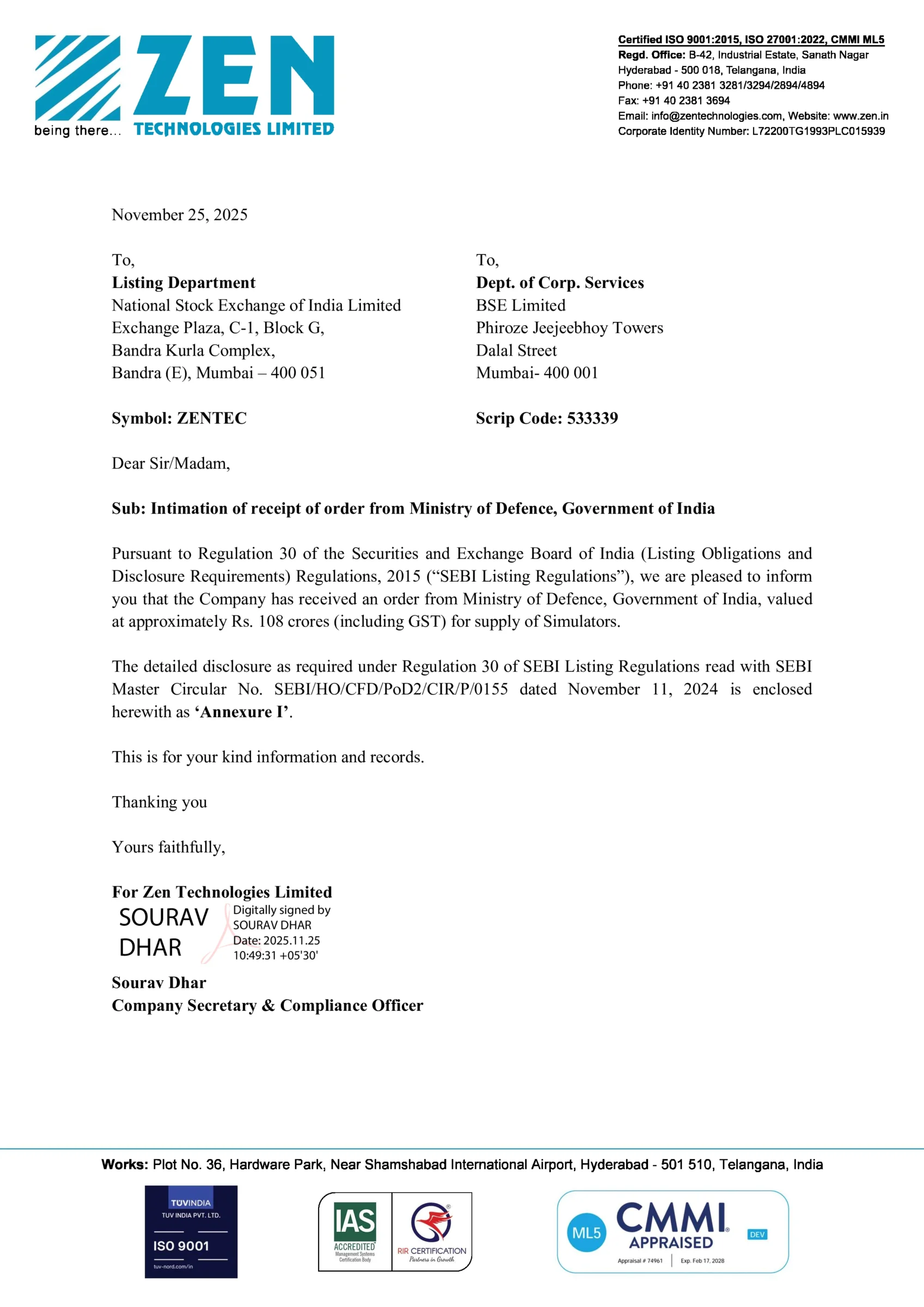 Zen Technologies Bags Prestigious ₹108 Crore Defence Order for Simulators - httpsnsearchives.nseindia.comcorporateZENTEC_25112025105638_Receipt_of_Order25112025.pdf Page 1

