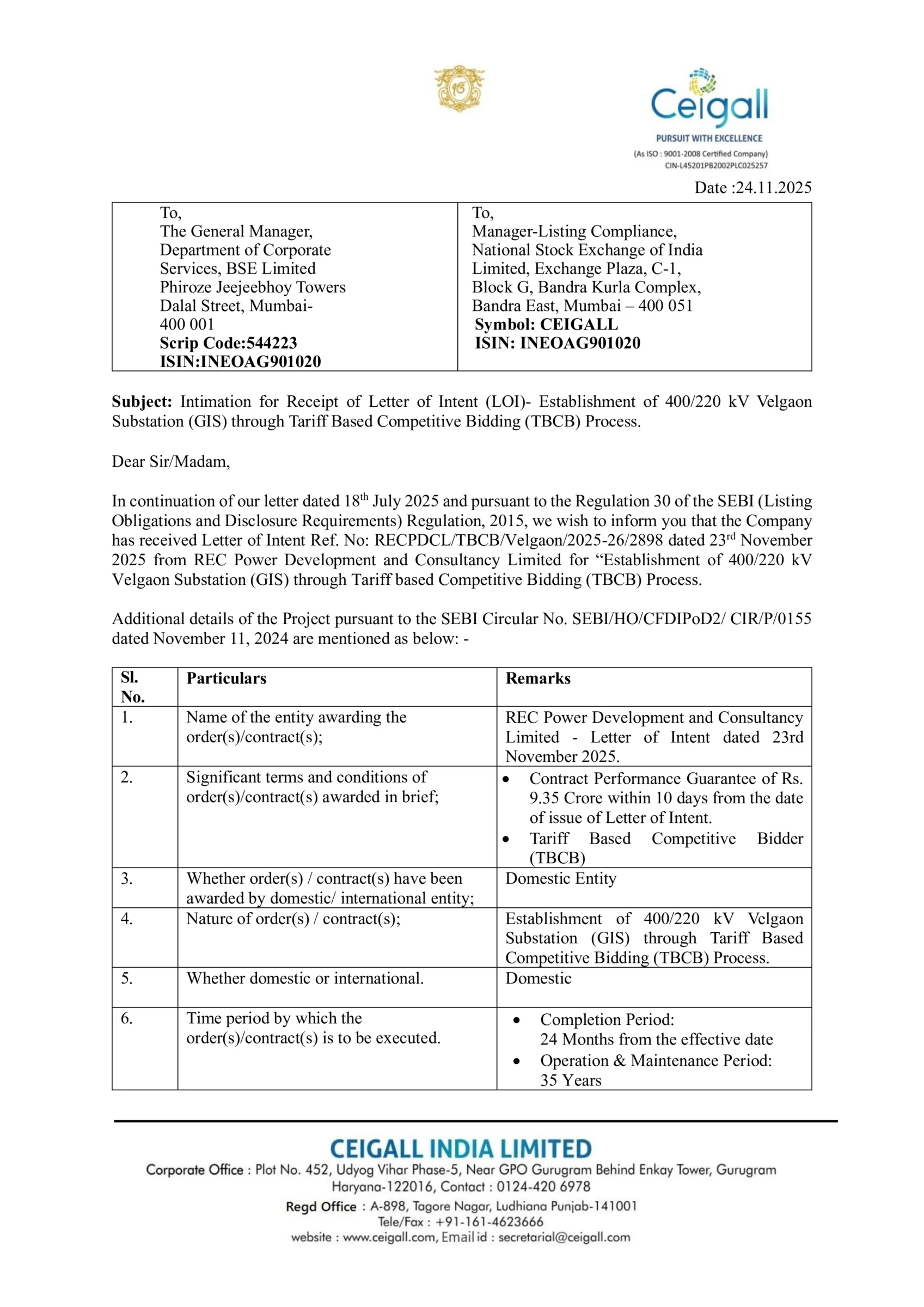 Ceigall India Ltd. Secures Letter of Intent for Major 400/220 kV Velgaon Substation Project from RECPDCL -httpsnsearchives.nseindia.comcorporateceigall_24112025170258_LOI_24112025.pdf Page 1

