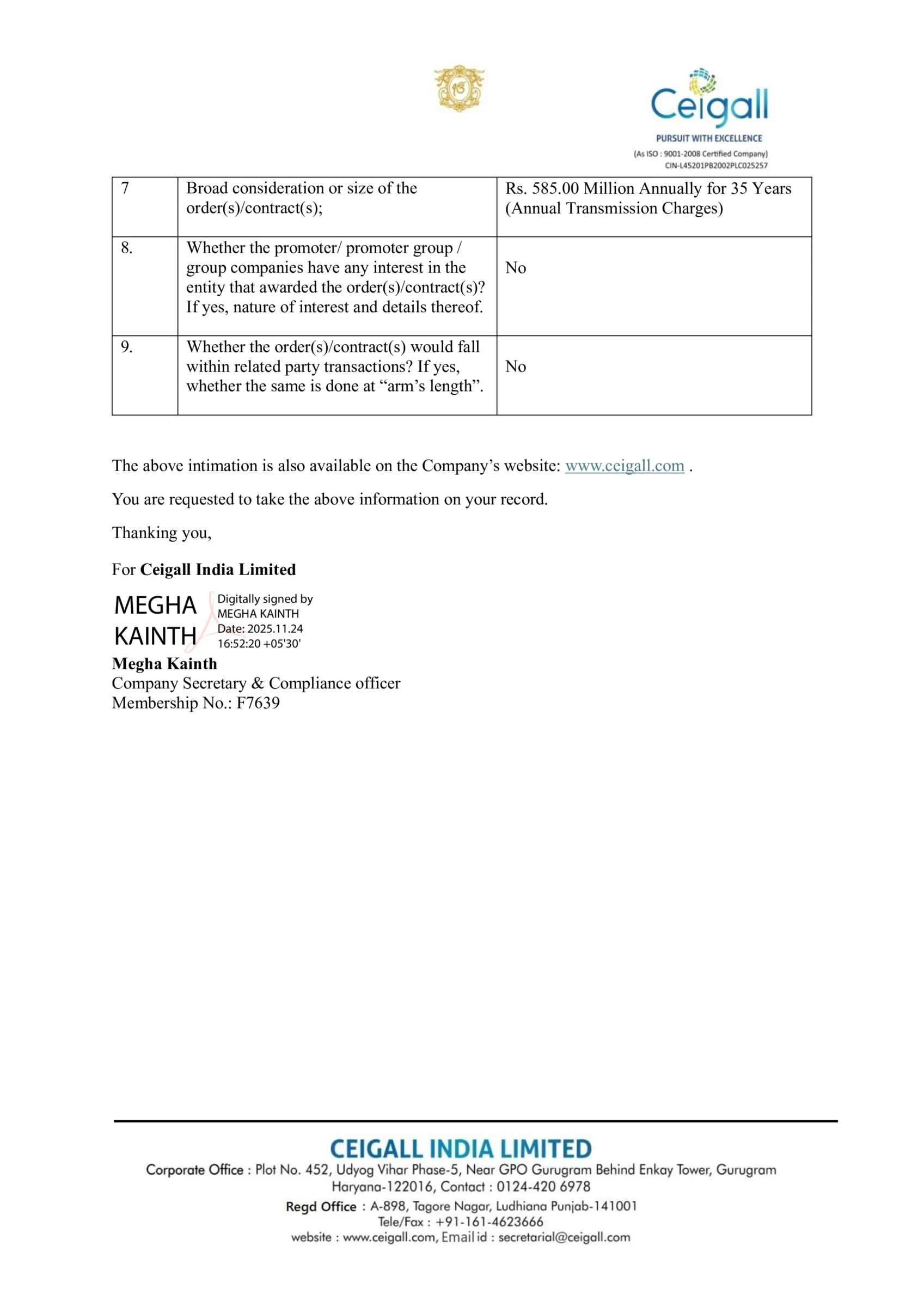 Ceigall India Ltd. Secures Letter of Intent for Major 400/220 kV Velgaon Substation Project from RECPDCL -httpsnsearchives.nseindia.comcorporateceigall_24112025170258_LOI_24112025.pdf Page 2

