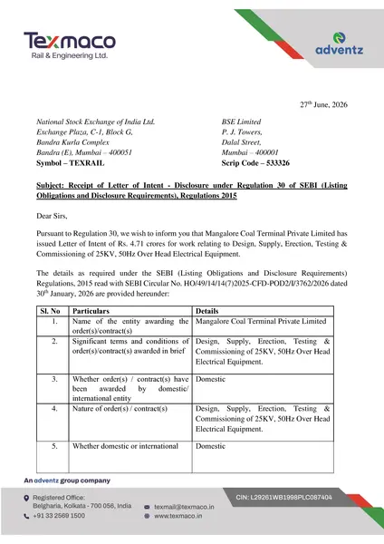 Texmaco Rail SEBI Regulation 30 filing dated June 27, 2026 announcing ₹4.71 crore Letter of Intent from Mangalore Coal Terminal for 25KV Overhead Electrical Equipment | NSE: TEXRAIL, BSE: 533326 | finvestnews.com