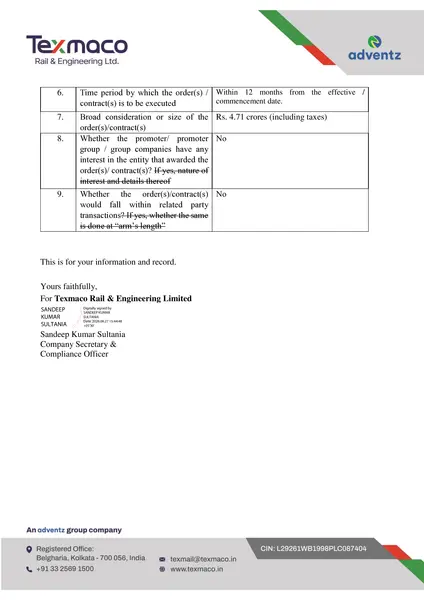Texmaco Rail SEBI Regulation 30 filing dated June 27, 2026 announcing ₹4.71 crore Letter of Intent from Mangalore Coal Terminal for 25KV Overhead Electrical Equipment | NSE: TEXRAIL, BSE: 533326 | finvestnews.com