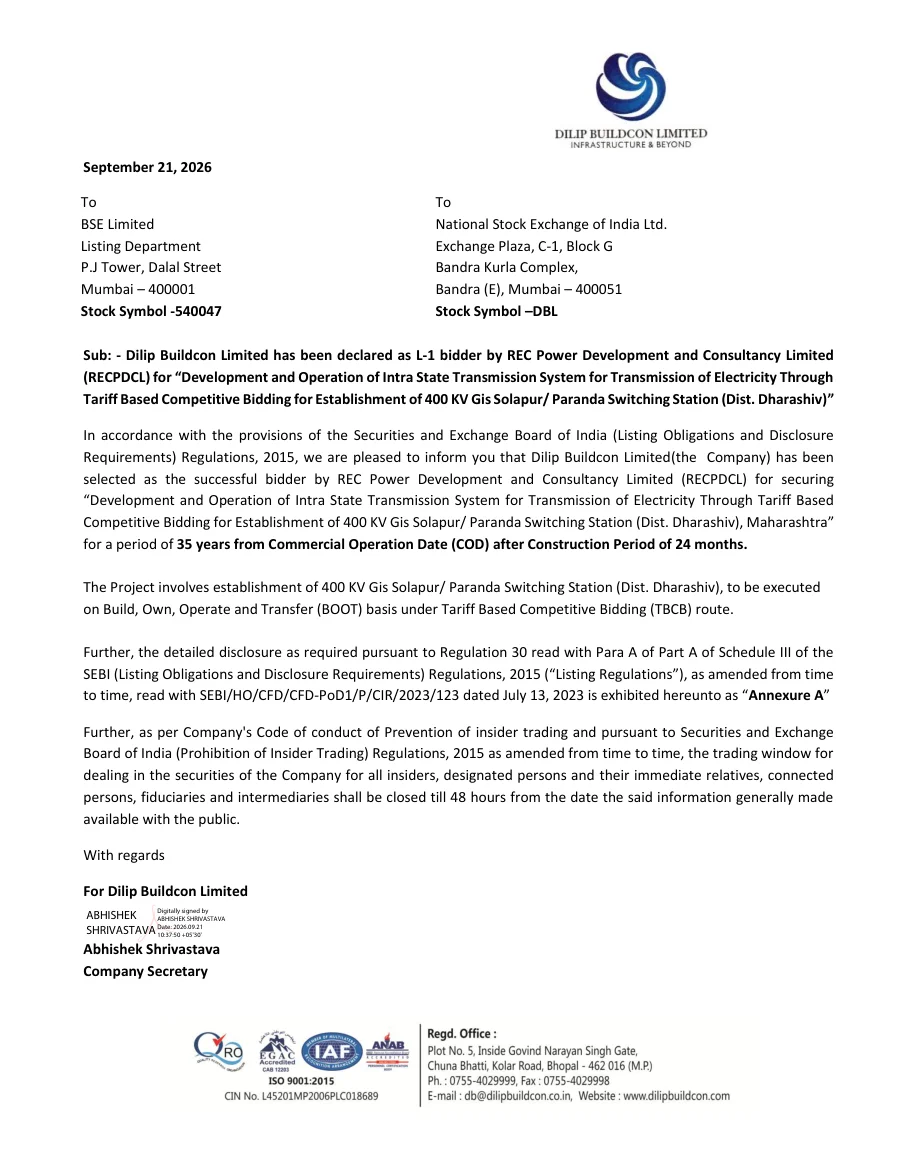 Page 1 of Dilip Buildcon's September 21, 2026 BSE/NSE filing on its L-1 bidder status for the Solapur/Paranda 400 KV transmission project